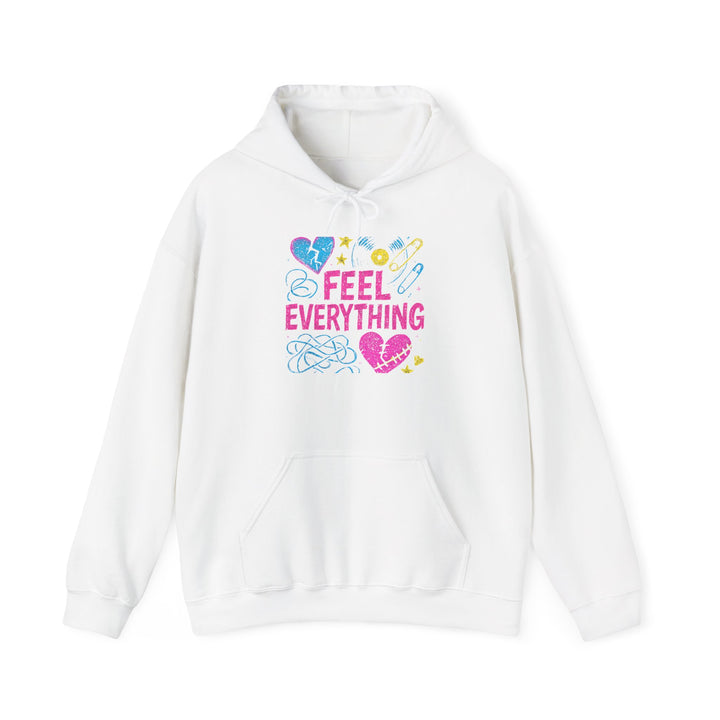 Feel Everything Hoodie — Pastel Heart & Doodle Graphic Pullover