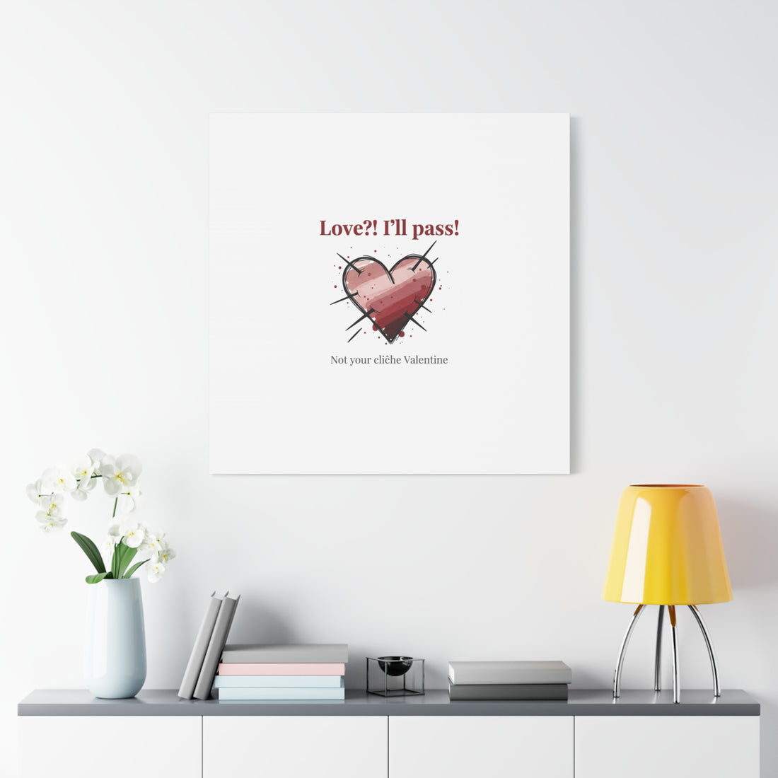 Love?! I'll Pass Canvas, Hearts‑with‑a‑Twist anti‑Valentine wall art