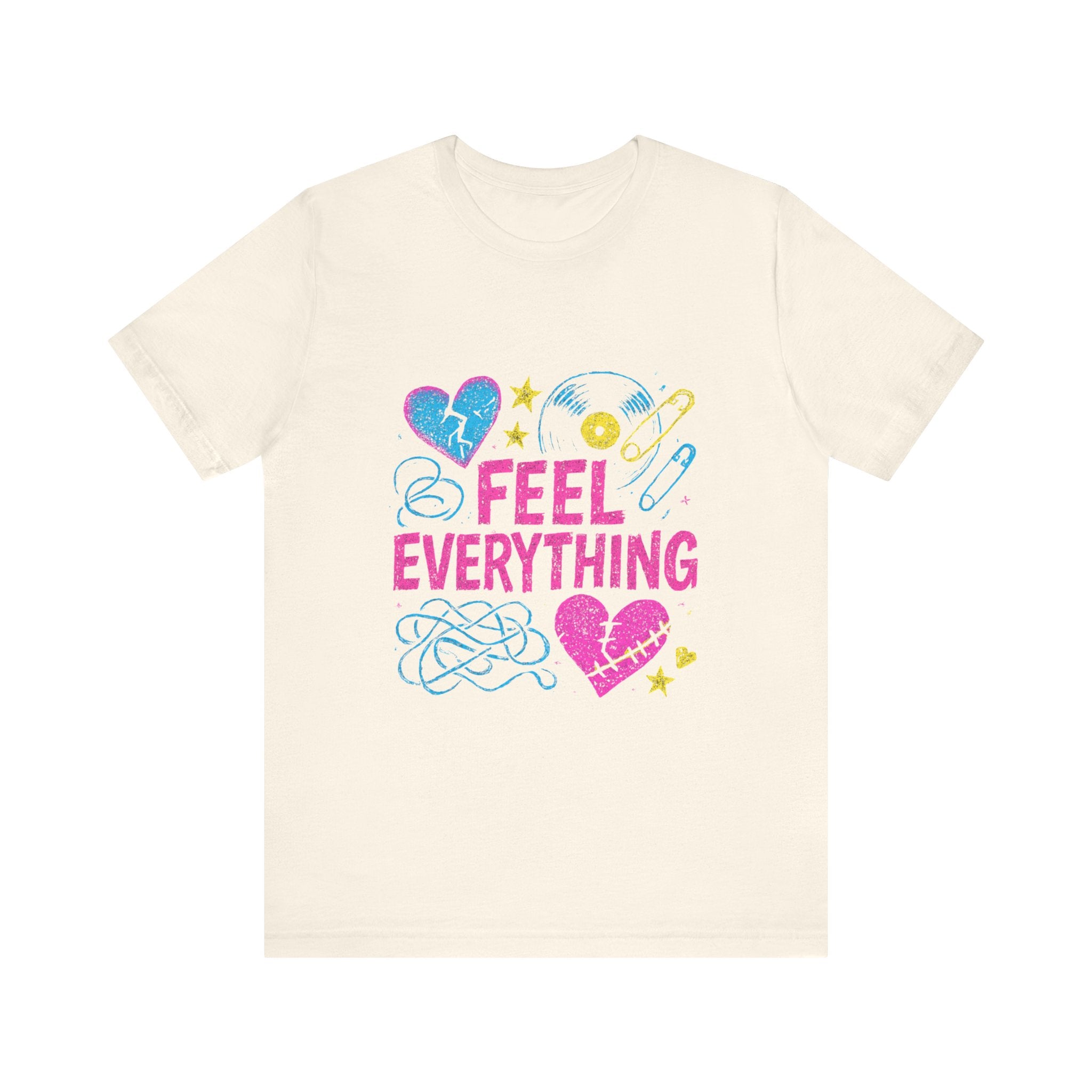 Feel Everything Graphic Tee — Retro Pastel Hearts & Emo Vibes