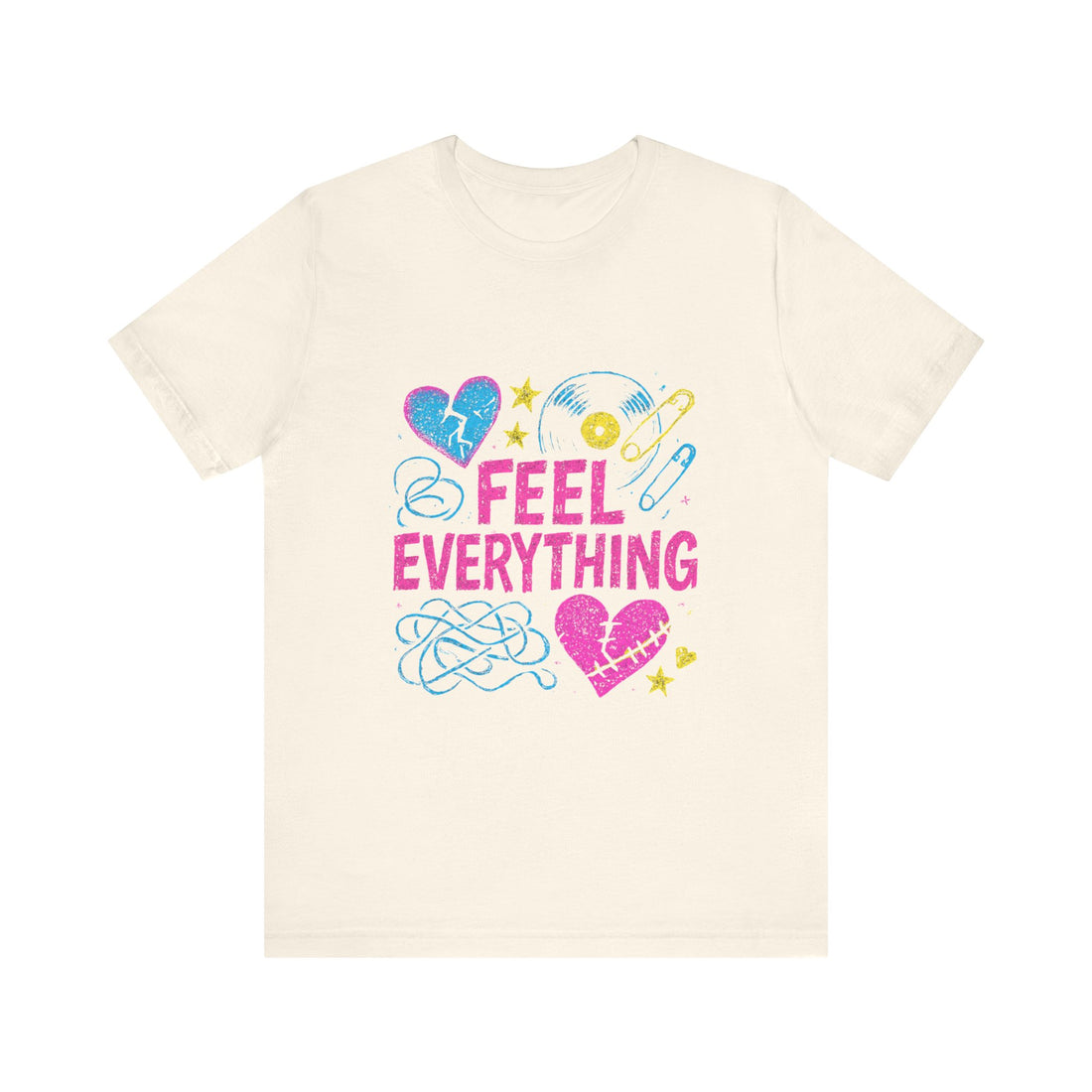 Feel Everything Graphic Tee — Retro Pastel Hearts & Emo Vibes