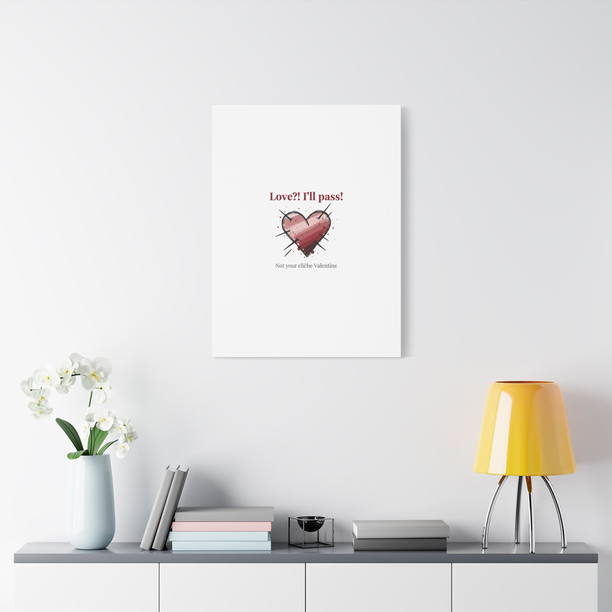 Love?! I'll Pass Canvas, Hearts‑with‑a‑Twist anti‑Valentine wall art