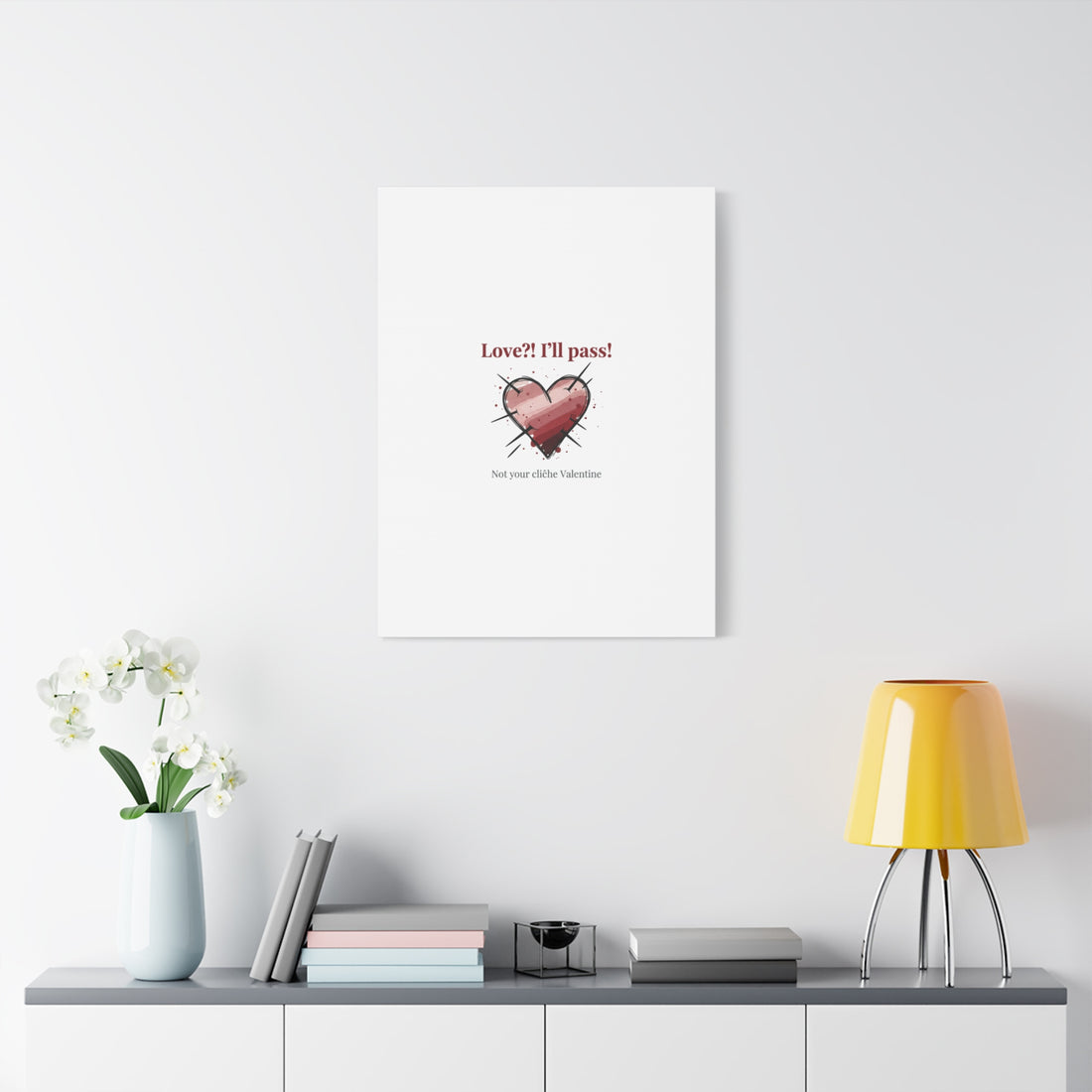Love?! I'll Pass Canvas, Hearts‑with‑a‑Twist anti‑Valentine wall art