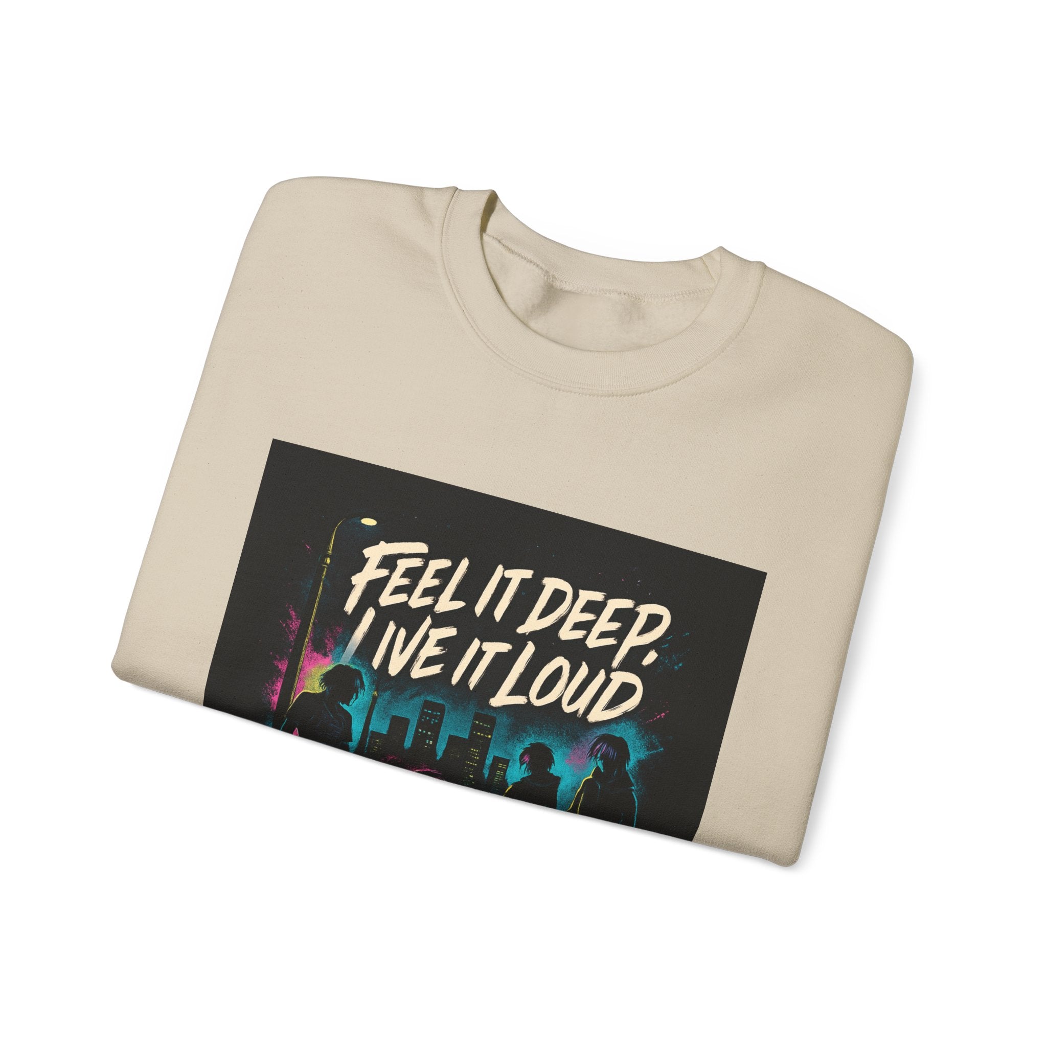 Crewneck Sweatshirt — "Feel It Deep, Live It Loud" Neon Concert Graphic