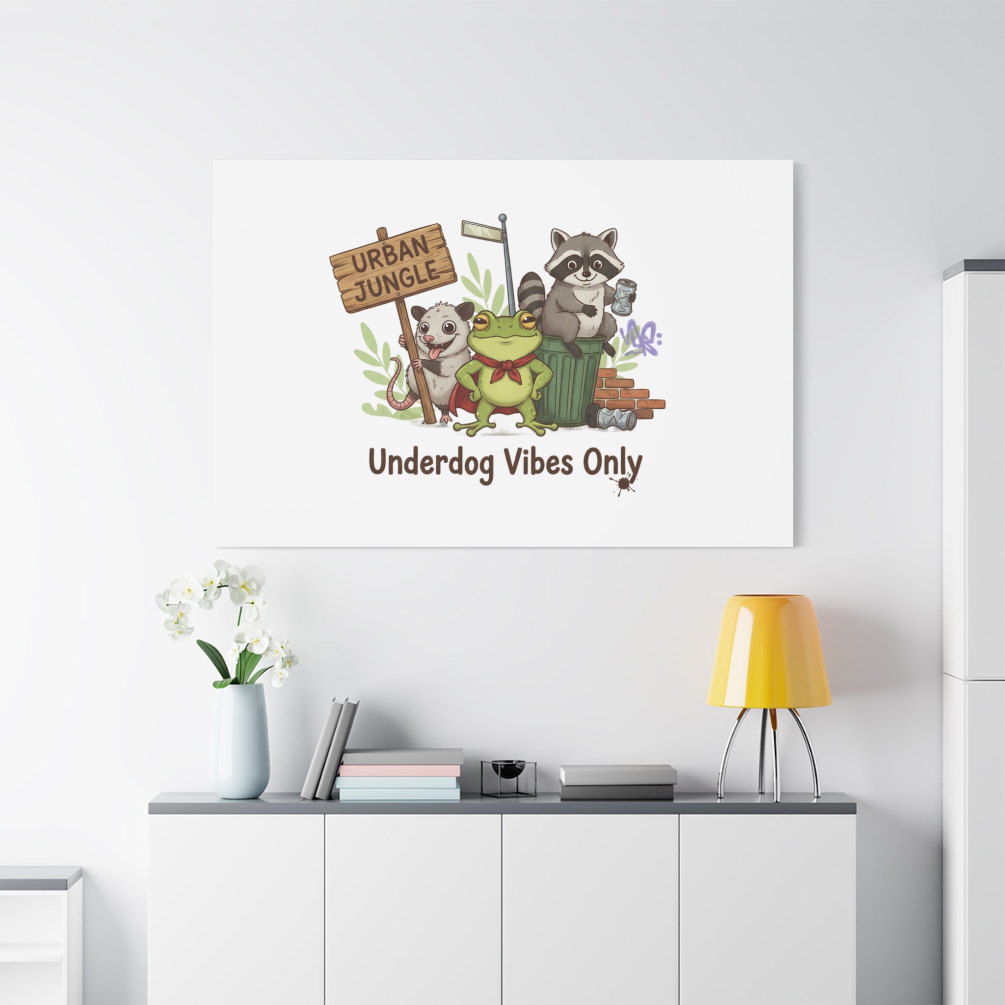 Underdog Vibes Only Canvas | Trash Panda Raccoon Frog Possum Art, goofy critter meme