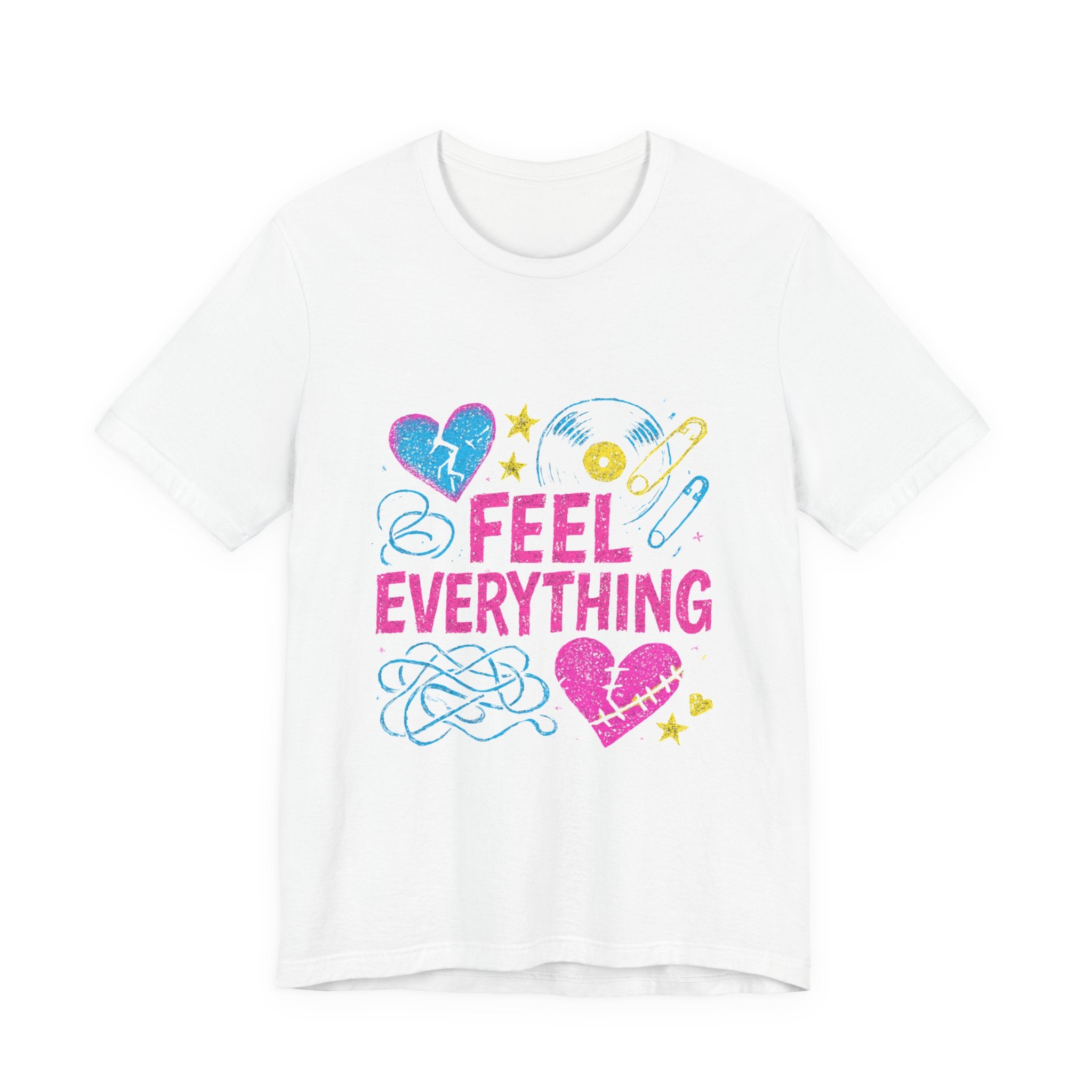 Feel Everything Graphic Tee — Retro Pastel Hearts & Emo Vibes