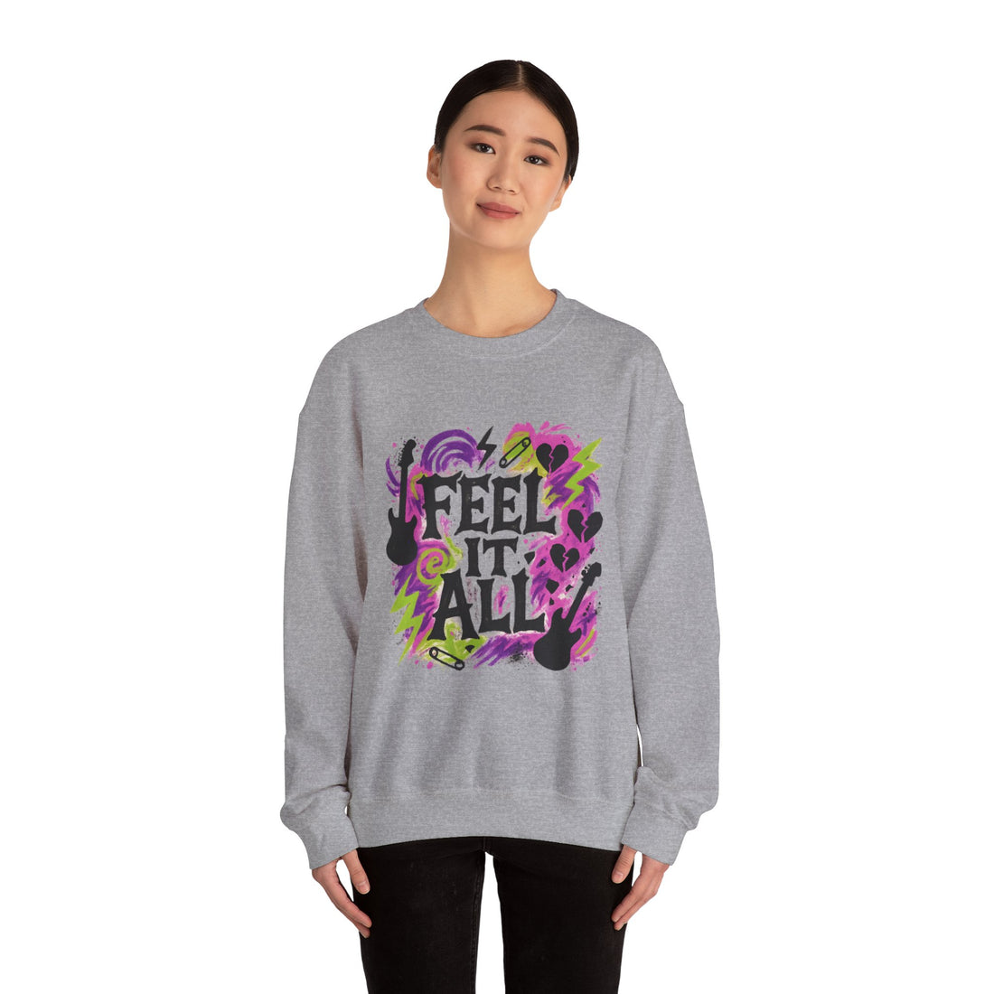 Feel It All Crewneck Sweatshirt — Retro Neon Music Graphic
