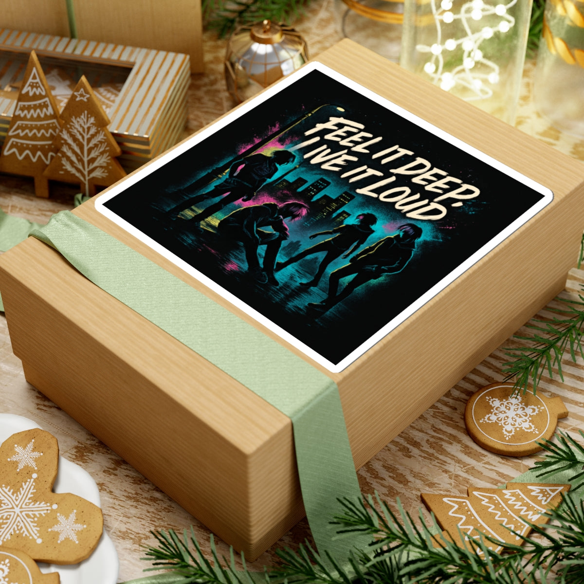 Feel It Deep, Live It Loud Sticker — Retro Neon Band Kiss-Cut Sticker