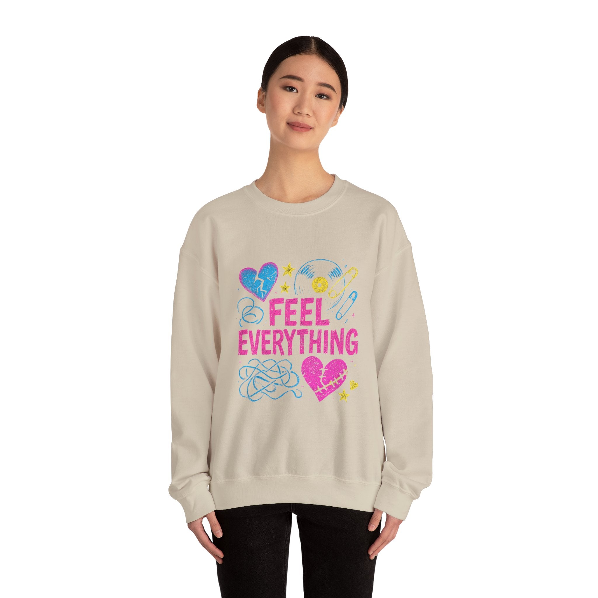 Crewneck Sweatshirt — "Feel Everything" Colorful Heart & Vinyl Graphic