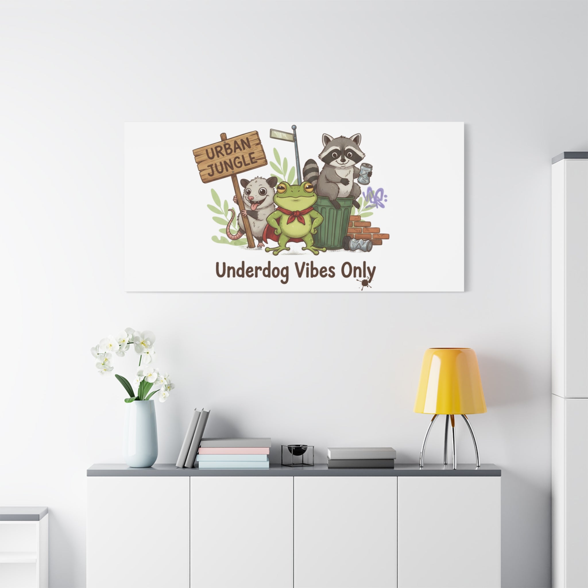 Underdog Vibes Only Canvas | Trash Panda Raccoon Frog Possum Art, goofy critter meme