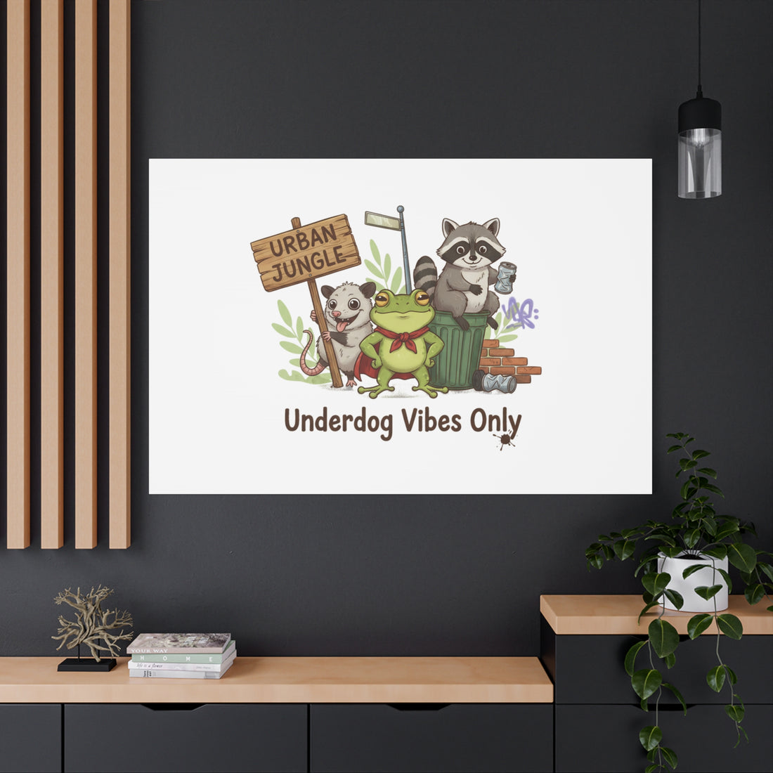 Underdog Vibes Only Canvas | Trash Panda Raccoon Frog Possum Art, goofy critter meme