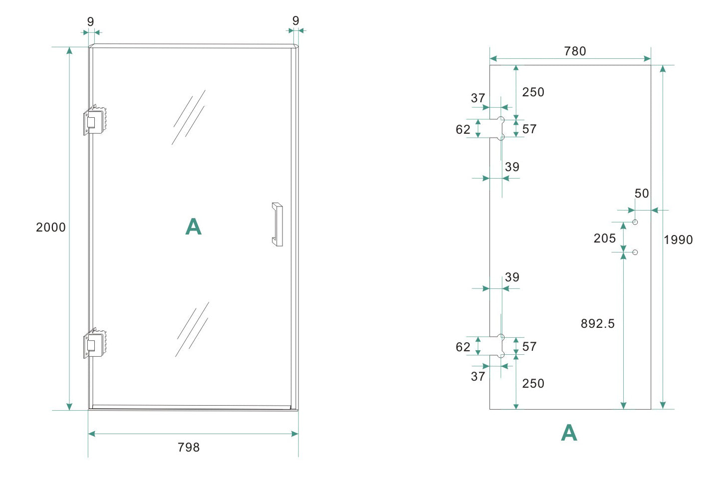 Less nisdeur links 800 x 2000 x 8 mm nano spiegelrook- naar helder glas/chroom