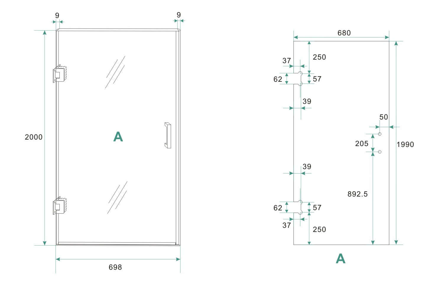Wiesbaden Less 70x200 cm Nisdeur 8 mm Nano Helder Glas Geborsteld Messing