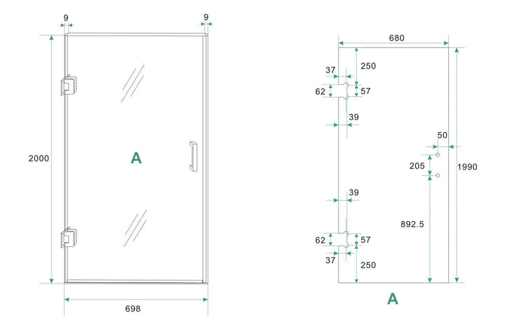 Wiesbaden Less 70x200 cm Nisdeur 8 mm Nano Helder Glas Geborsteld Messing