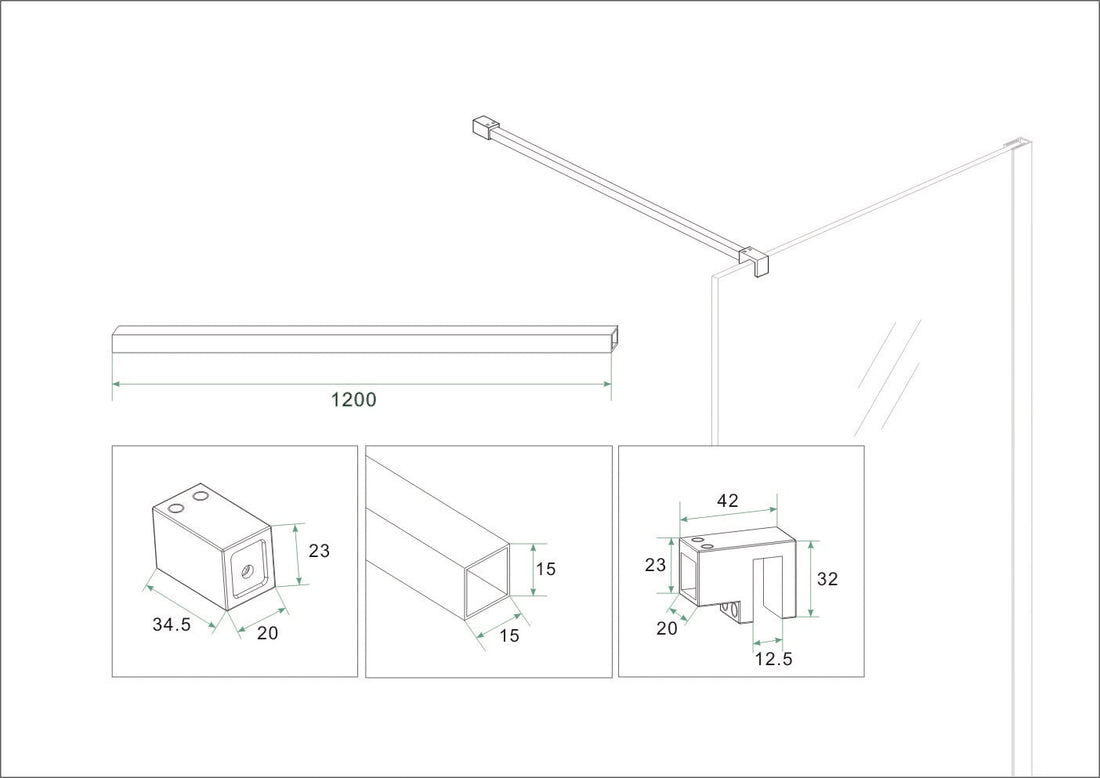 Slim set stabilisatiestangen 120 cm voor vrijstaande inloopdouches geborsteld brons koper