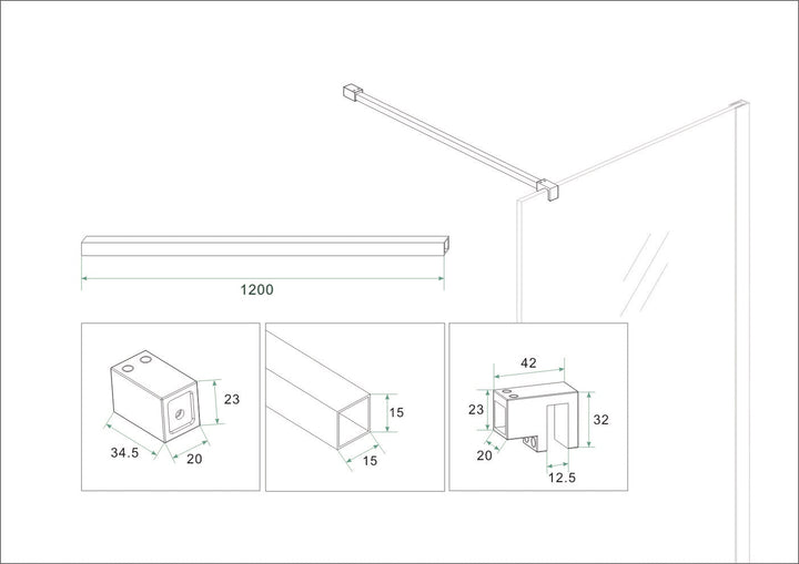 Slim set stabilisatiestangen 120 cm voor vrijstaande inloopdouches geborsteld brons koper