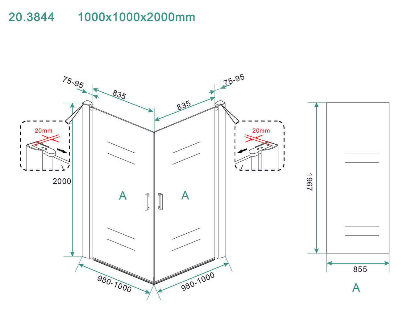 Wiesbaden Uni Dubbele Draaidouchedeur 1000x1000x2000 mm 8mm Nano Coating