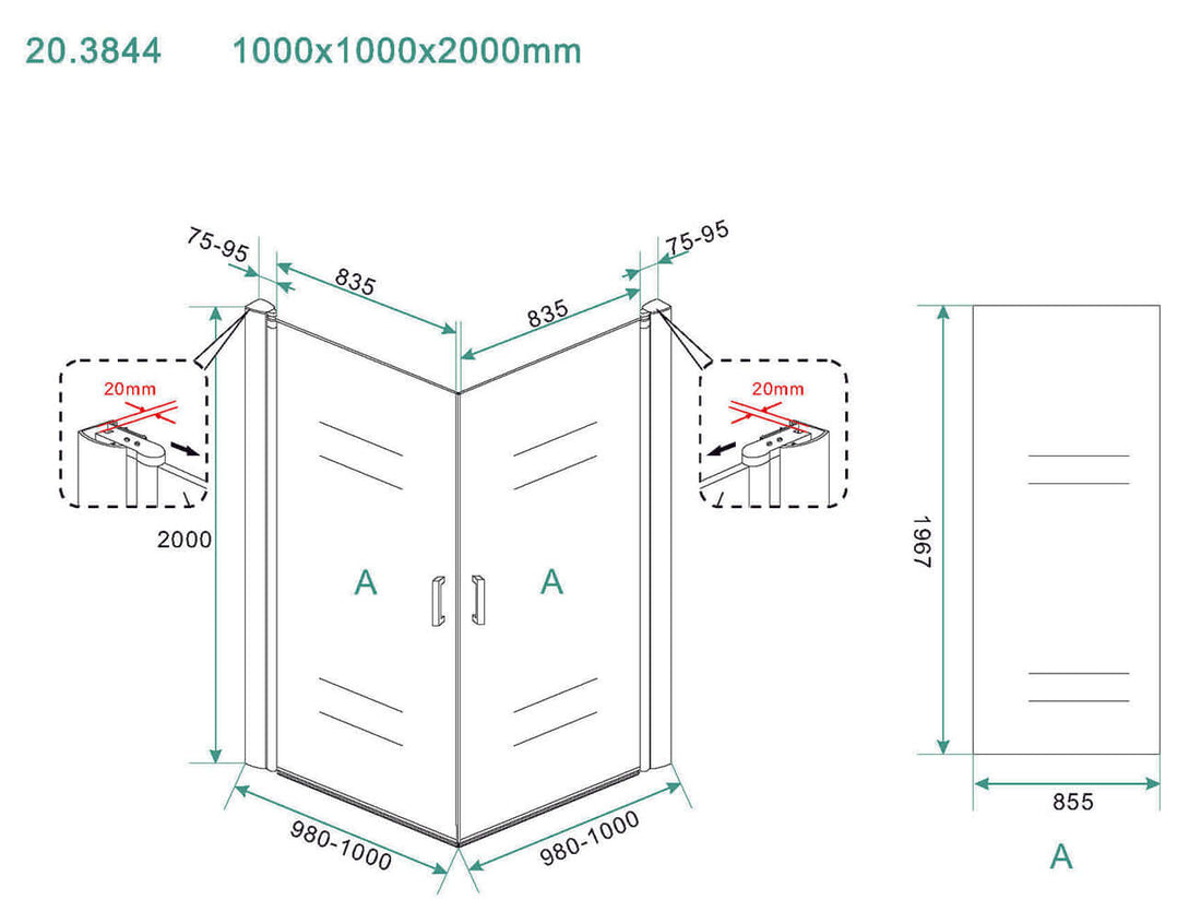 Wiesbaden Uni Dubbele Draaidouchedeur 1000x1000x2000 mm 8mm Nano Coating