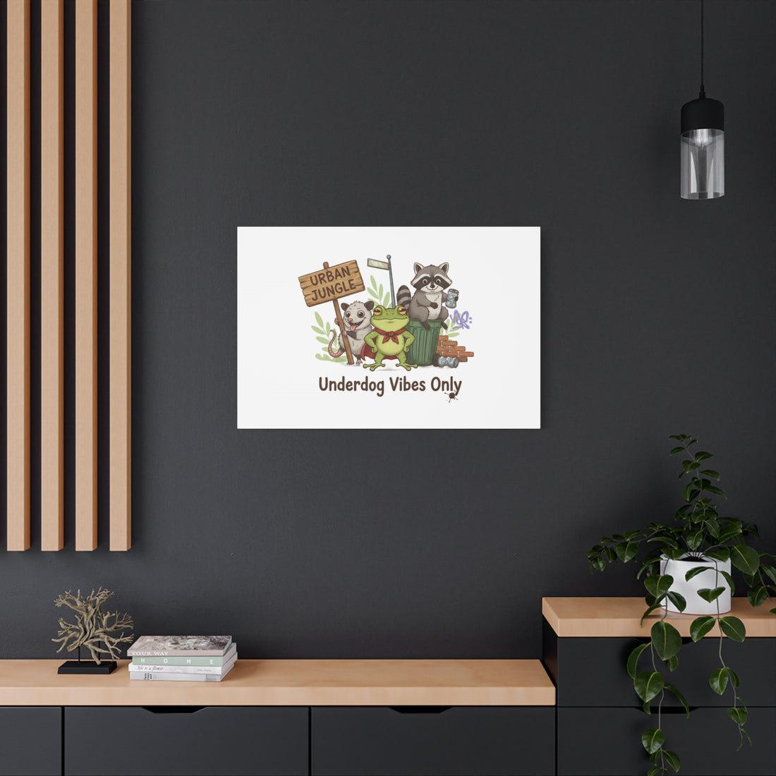 Underdog Vibes Only Canvas | Trash Panda Raccoon Frog Possum Art, goofy critter meme