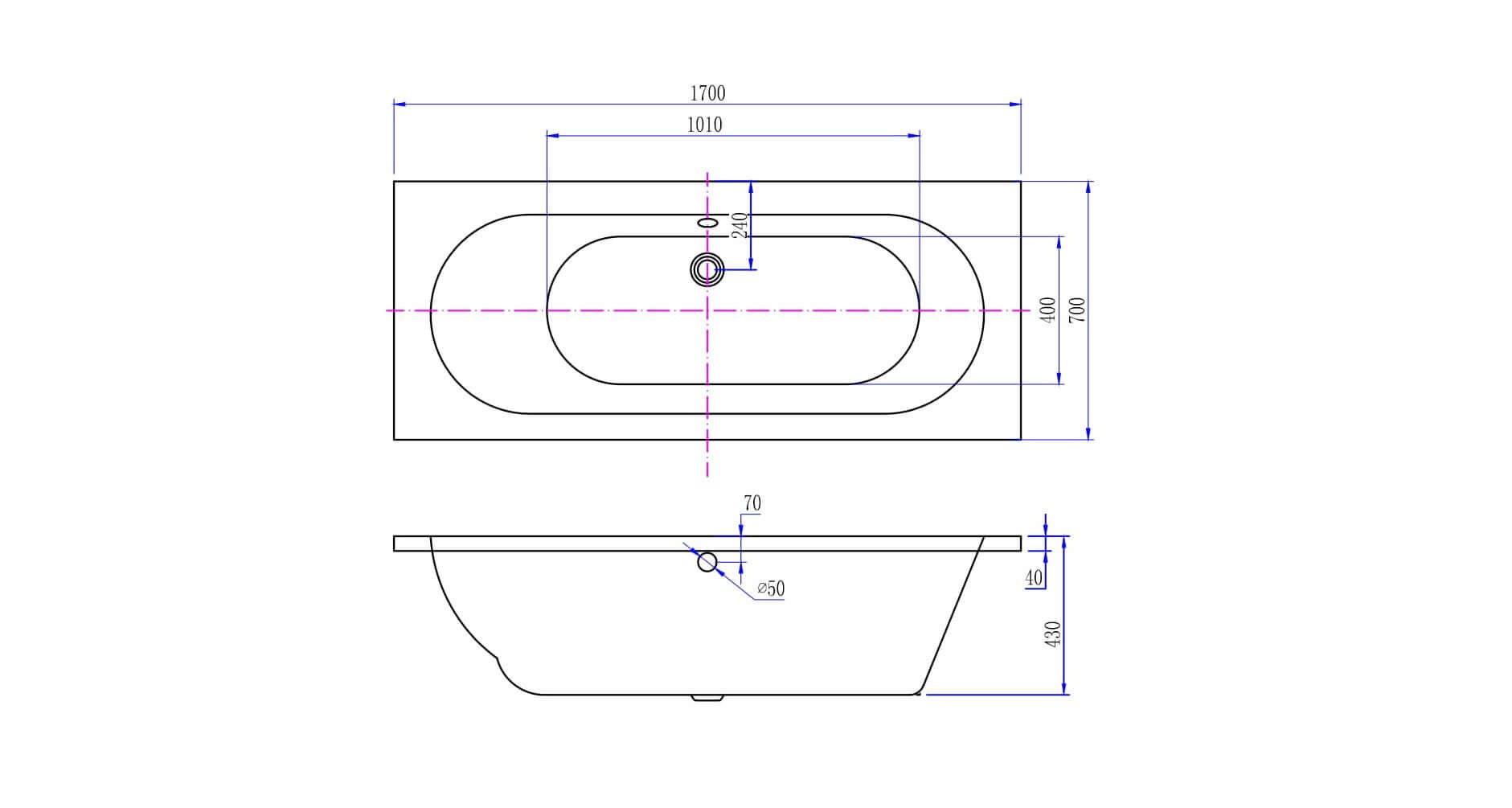 Wiesbaden Portus Rd Inbouwbad 170x70x43 cm Glanzend Wit
