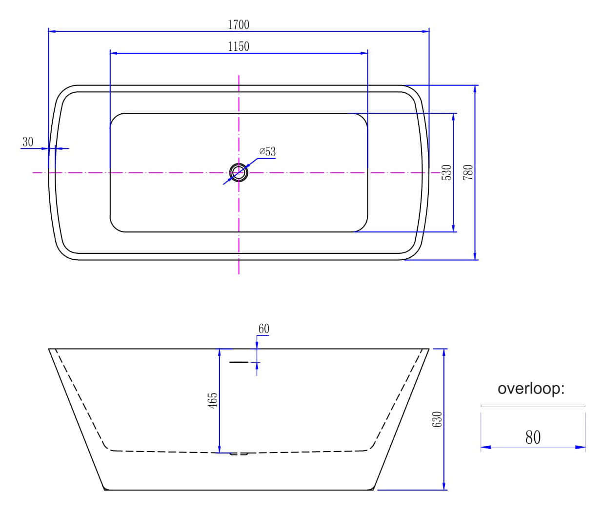 Wiesbaden Larx Vrijstaand Vierkant Acrylbad met Afvoer 170x78 cm Wit