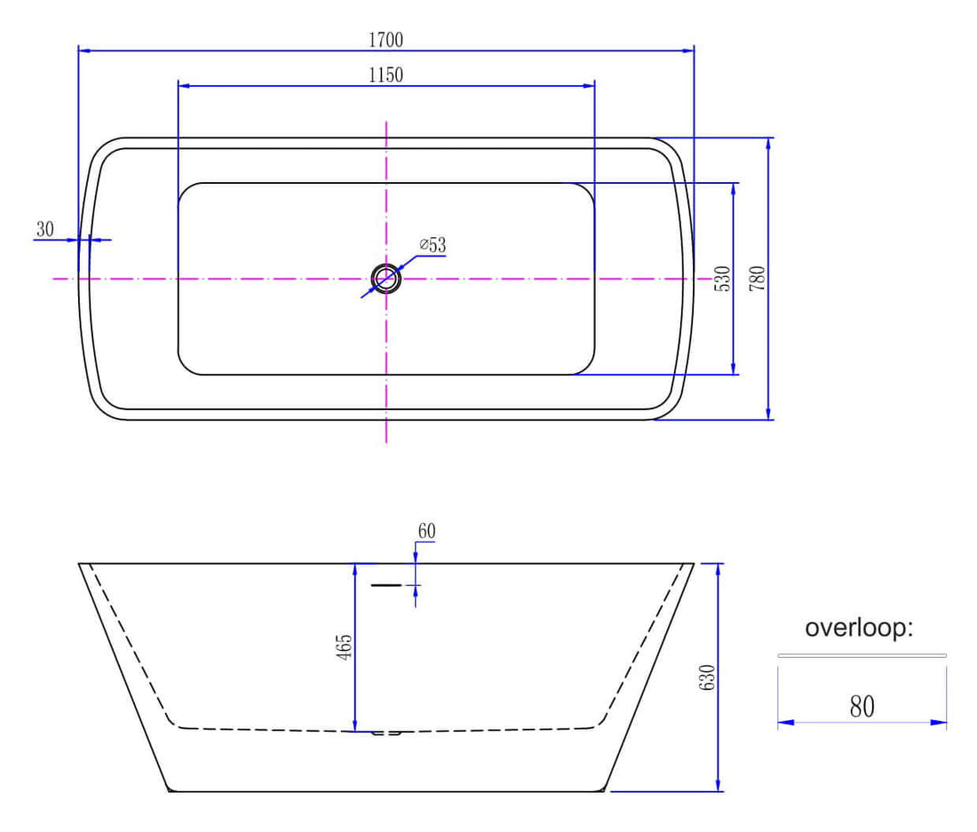Wiesbaden Larx Vrijstaand Vierkant Acrylbad met Afvoer 170x78 cm Wit