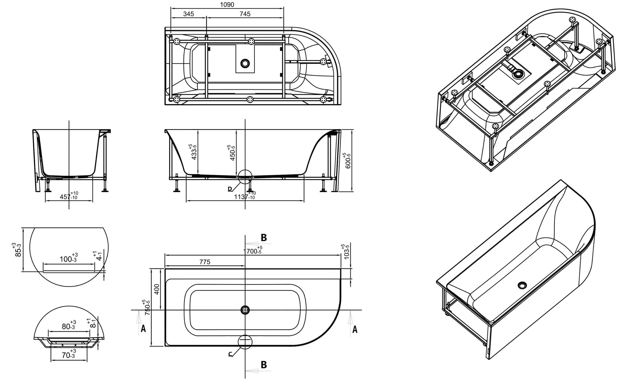Zenn Hoekbad links Wiesbaden 170X75 cm met afvoer in wit
