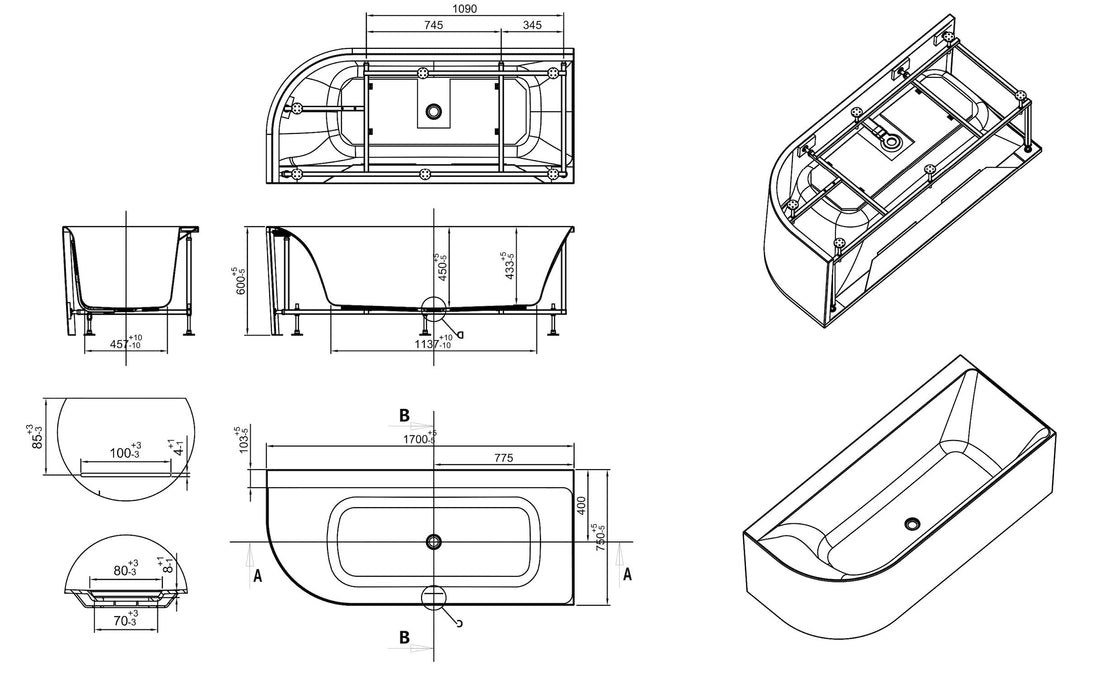Zenn hoekbad rechts 170 x 75 cm acryl glans wit met waste glans wit