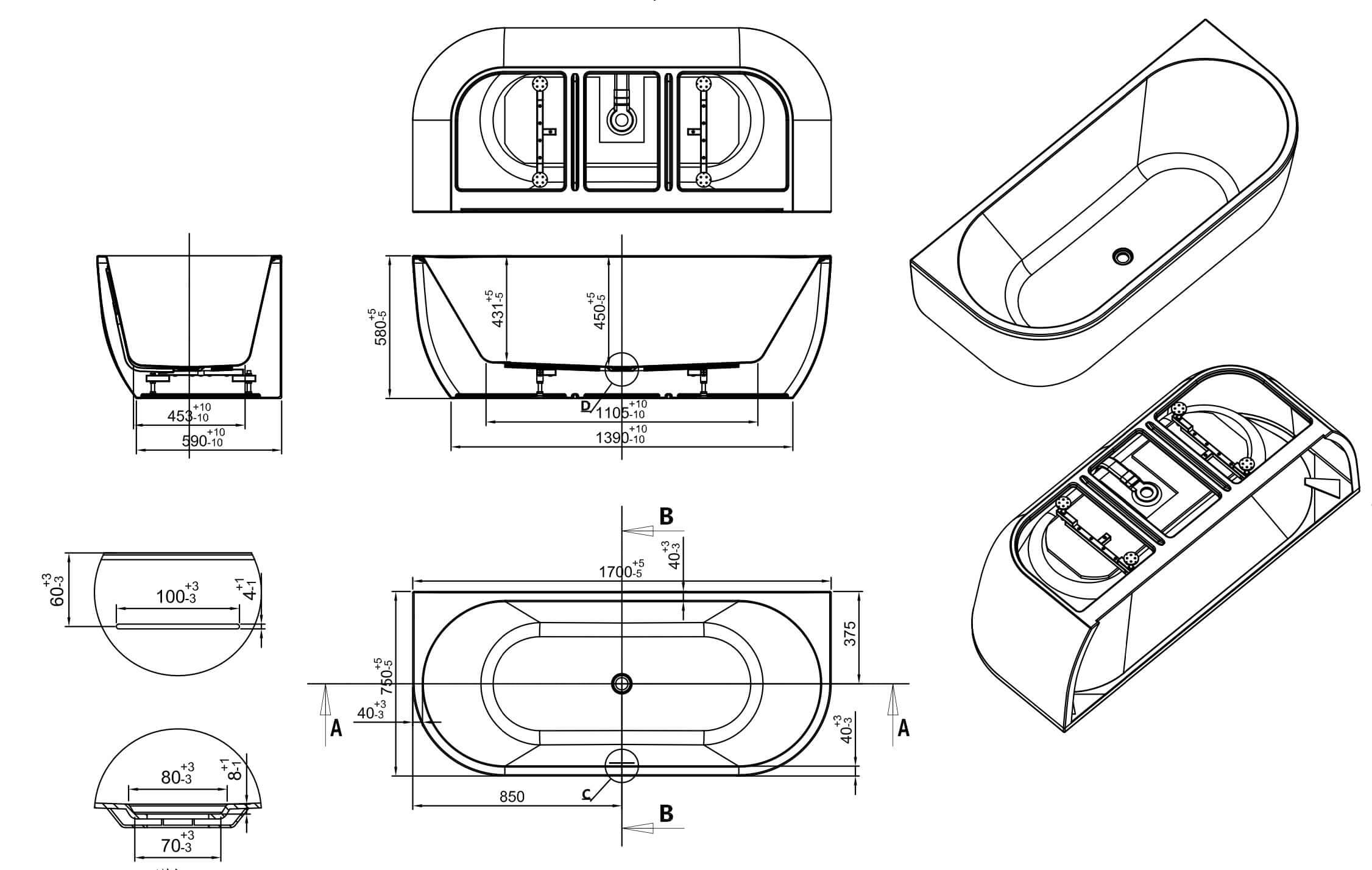 Zenn halfvrijstaand bad Wiesbaden 170X75 cm met afvoer in wit