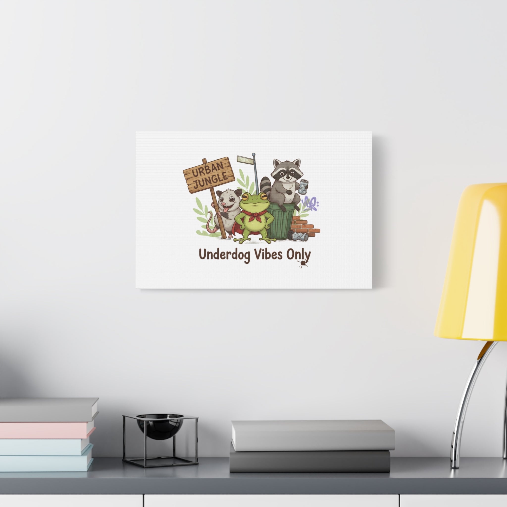 Underdog Vibes Only Canvas | Trash Panda Raccoon Frog Possum Art, goofy critter meme