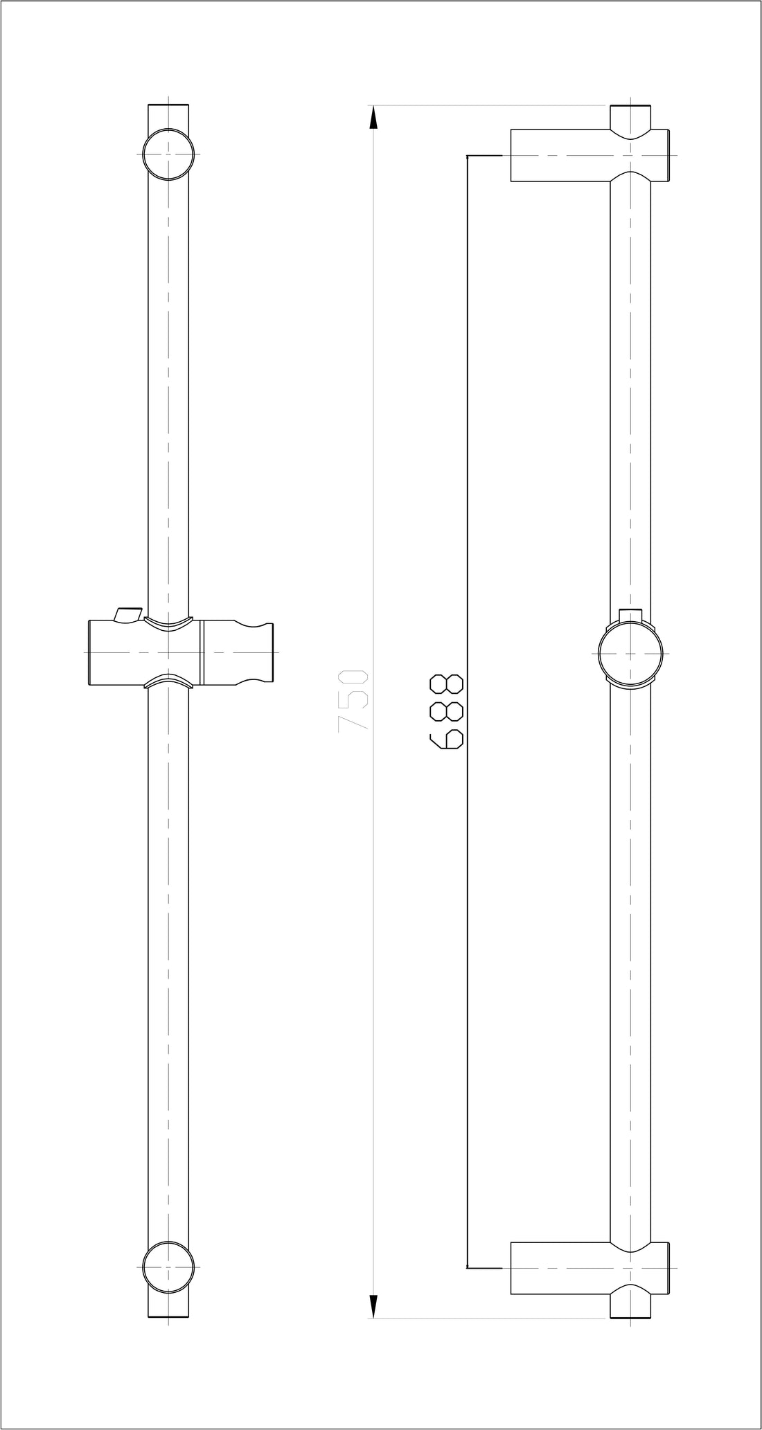 304 glijstang 75 cm geborsteld RVS