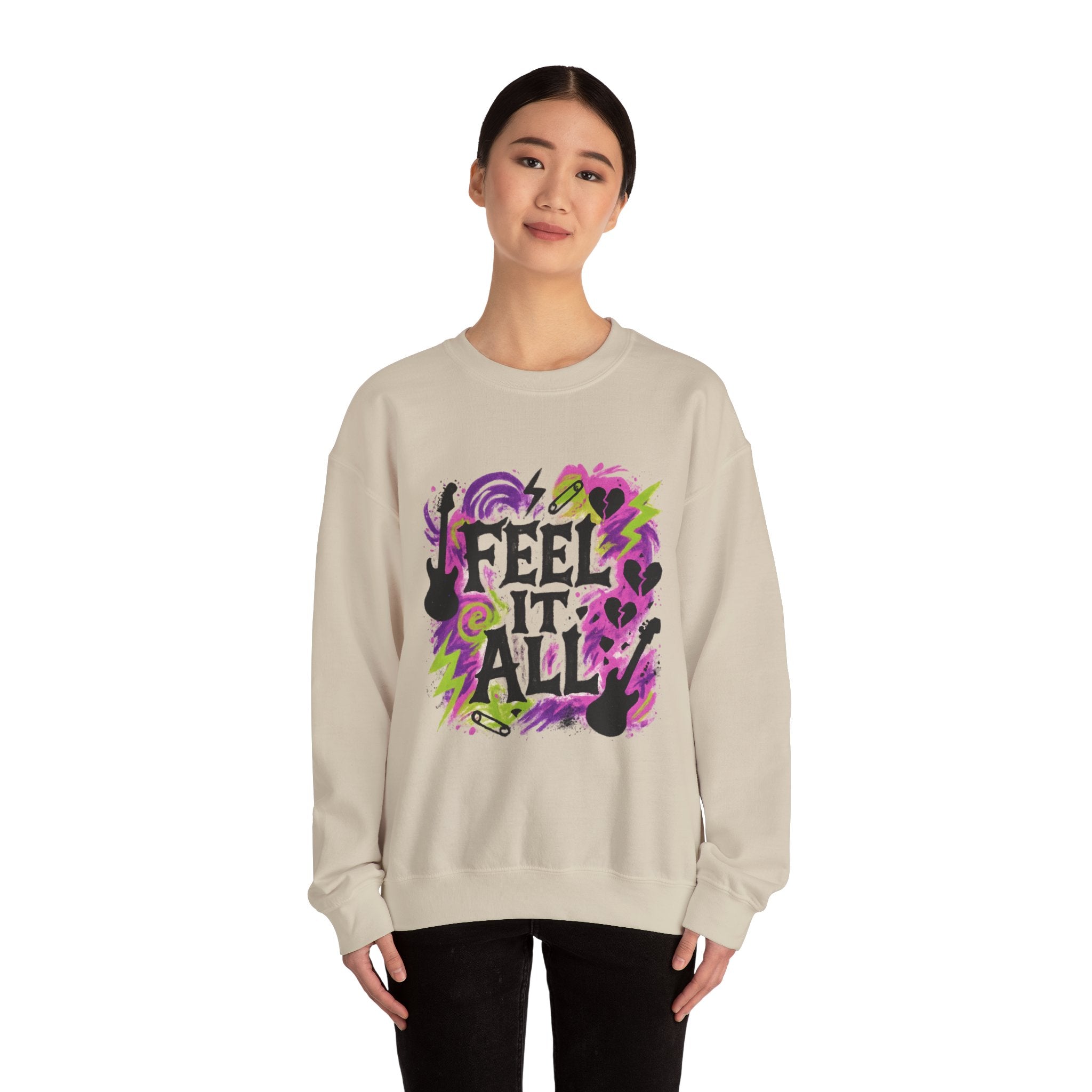 Feel It All Crewneck Sweatshirt — Retro Neon Music Graphic