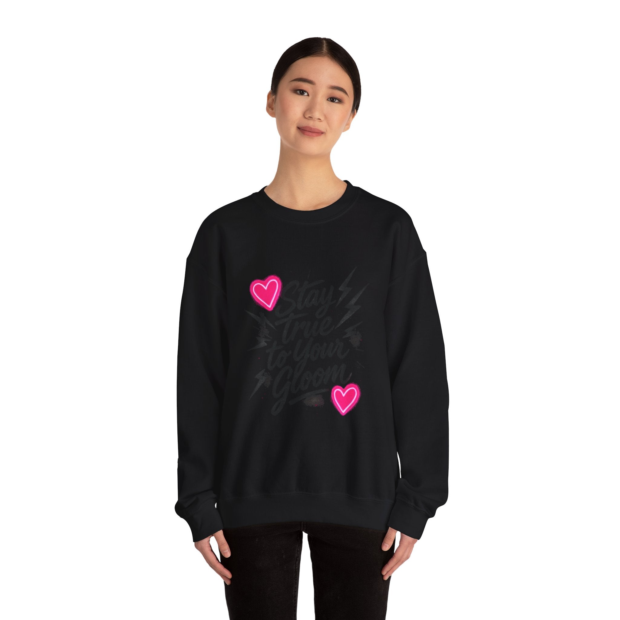 Crewneck Sweatshirt — "Stay True to Your Gloom" Pink Heart Graphic