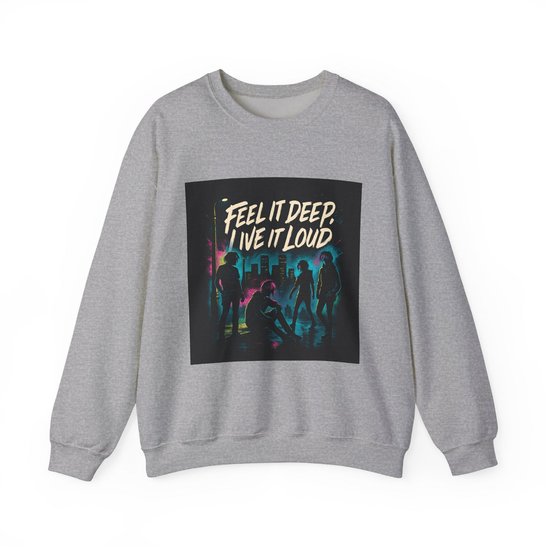 Crewneck Sweatshirt — "Feel It Deep, Live It Loud" Neon Concert Graphic