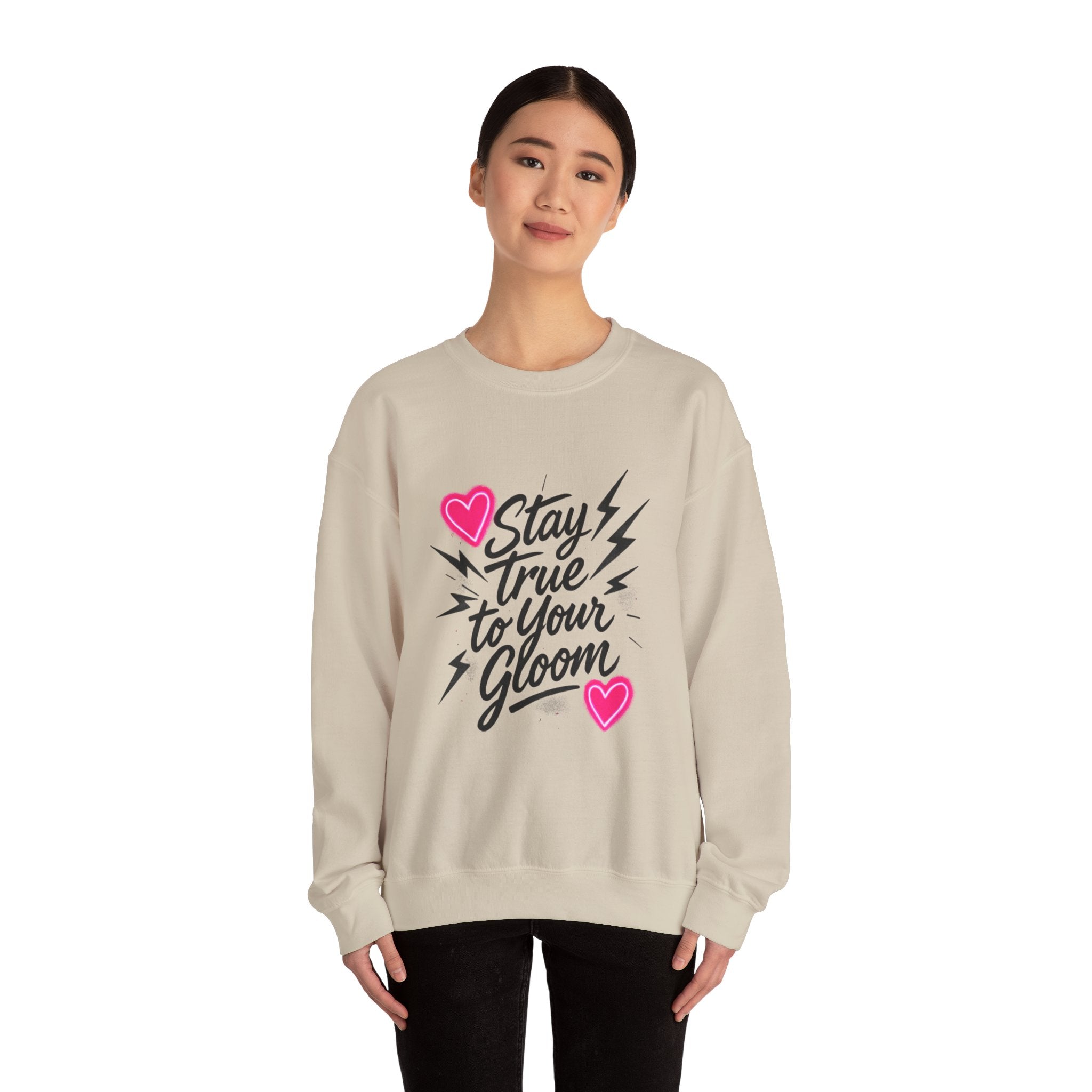 Crewneck Sweatshirt — "Stay True to Your Gloom" Pink Heart Graphic