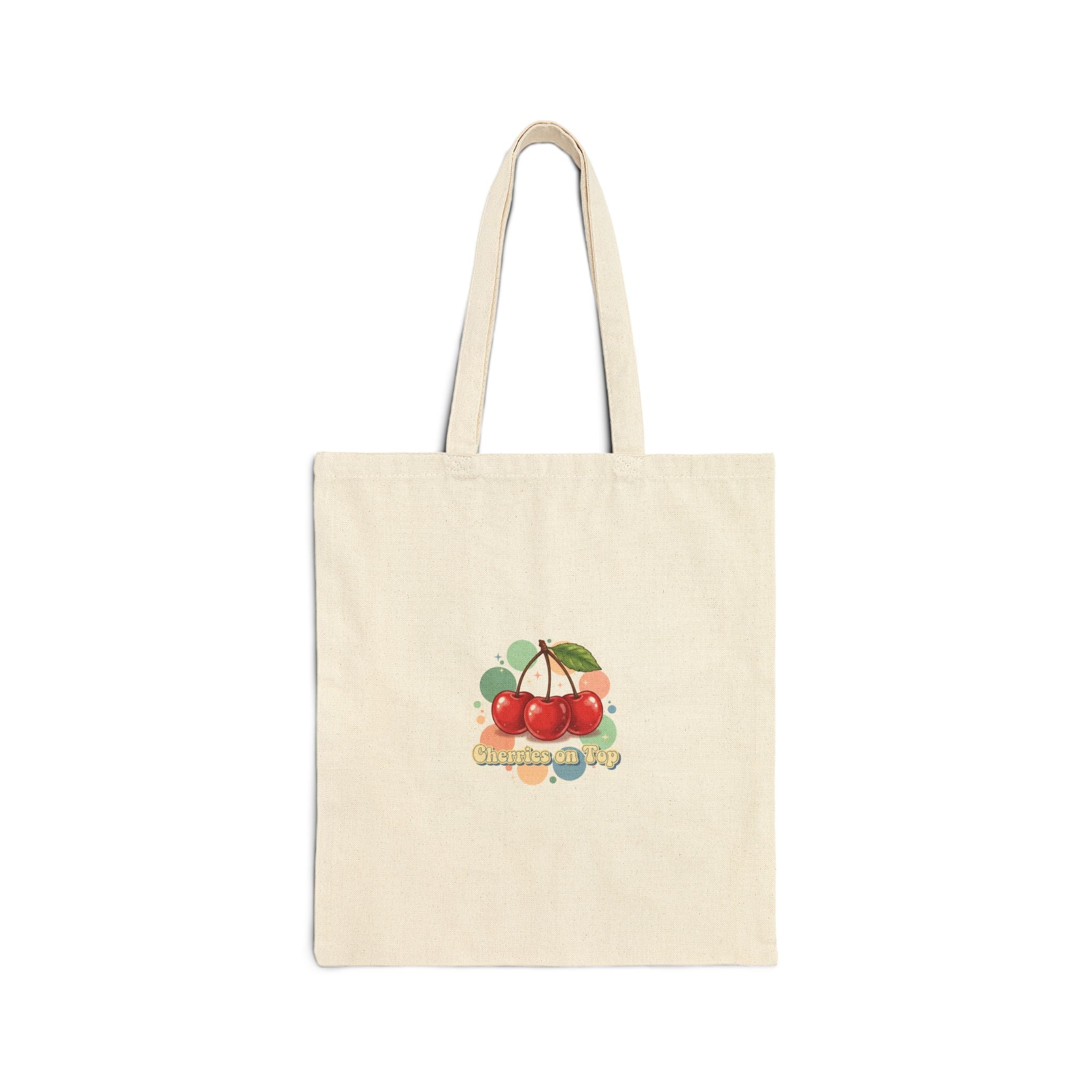 Cherry Motif Canvas Tote, vintage cherry fruit print, kawaii retro design