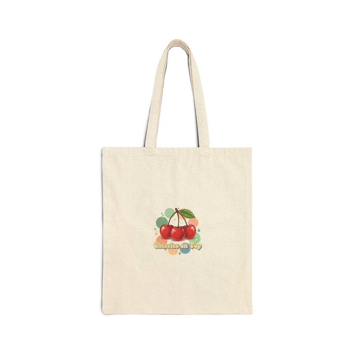 Cherry Motif Canvas Tote, vintage cherry fruit print, kawaii retro design