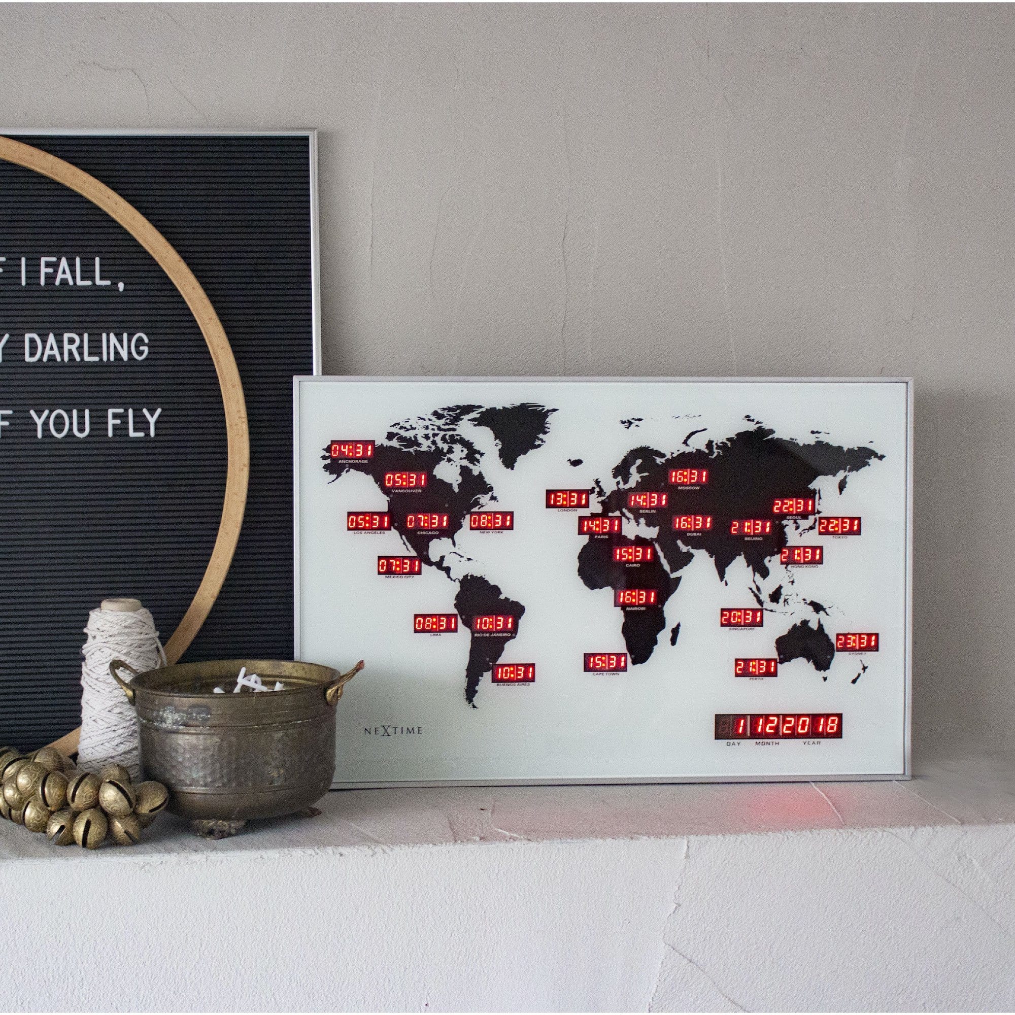 Wall clock - 55 x 36 x 4 cm - Glass - Aluminum - World time clock - 'World Time Digit' - Goat Corp