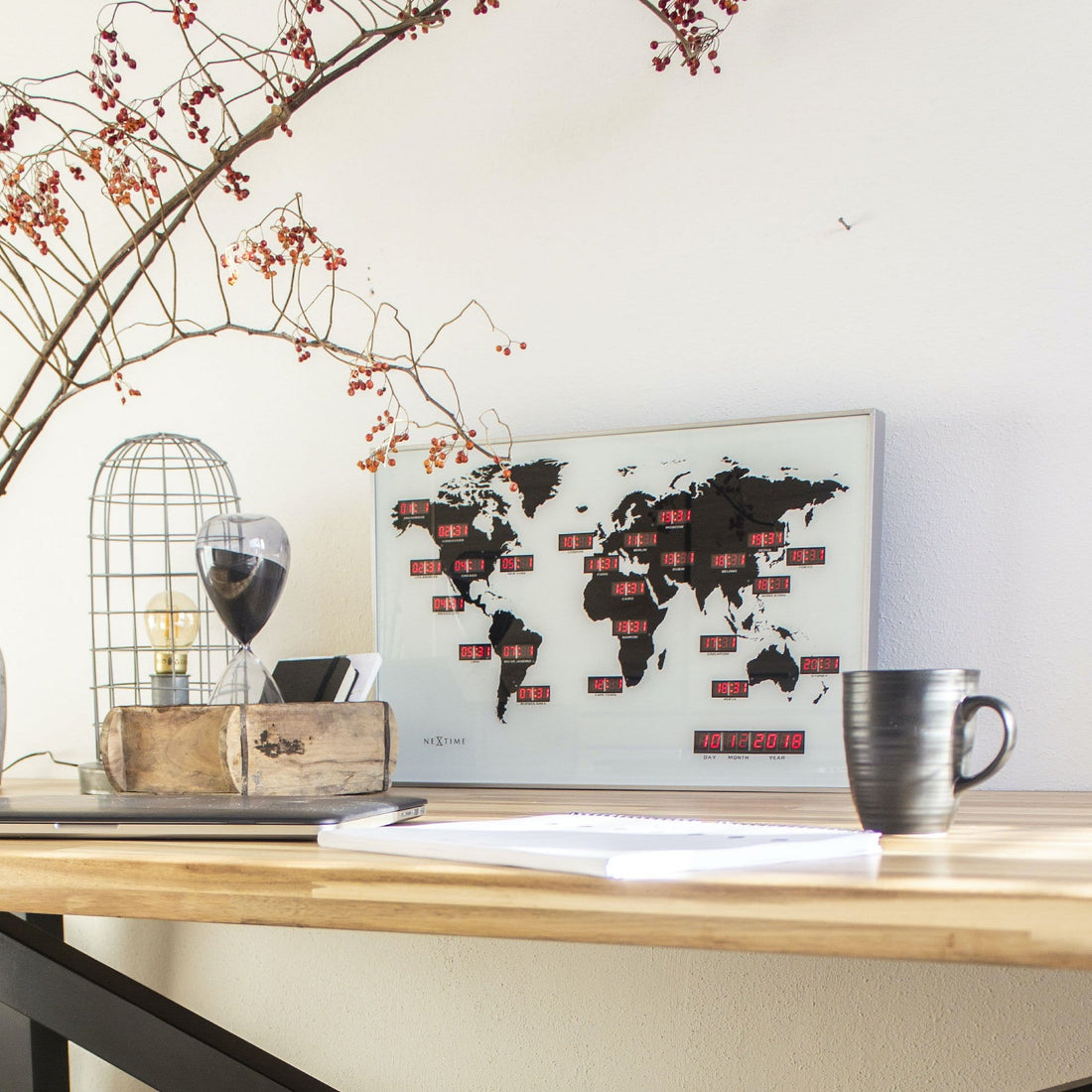 Wall clock - 55 x 36 x 4 cm - Glass - Aluminum - World time clock - 'World Time Digit' - Goat Corp