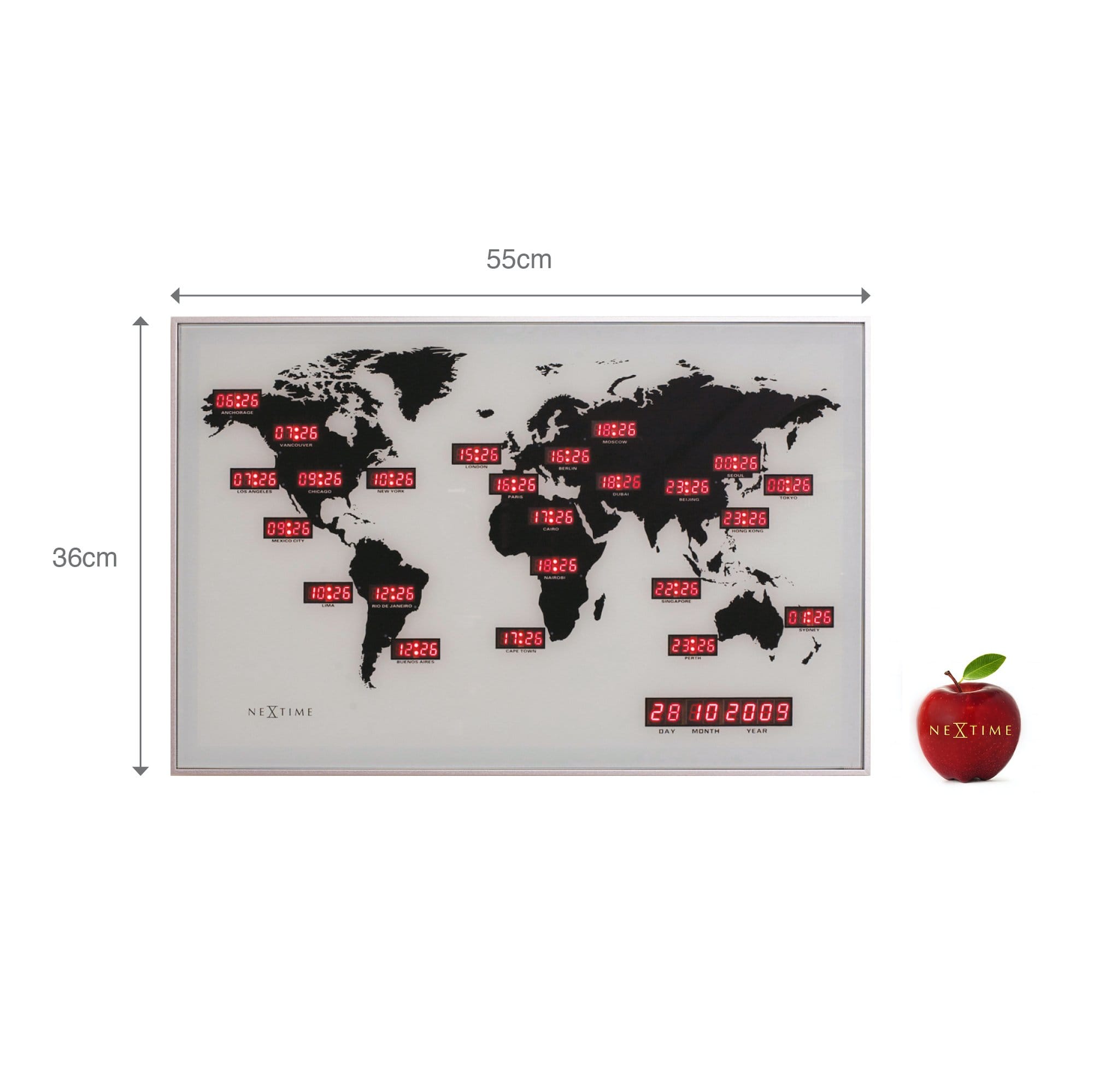 Wall clock - 55 x 36 x 4 cm - Glass - Aluminum - World time clock - 'World Time Digit' - Goat Corp