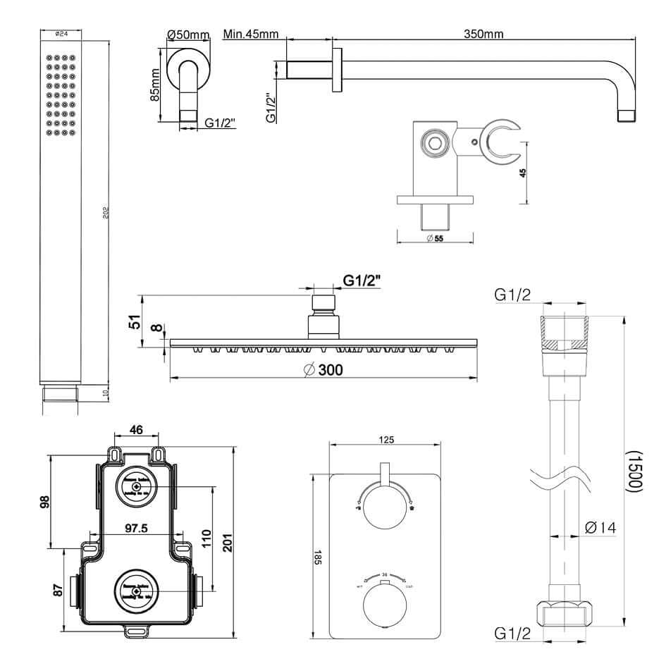 Caral inbouwthermostaat compleet met hoofddouche 30 cm en staafhanddouche geborsteld staal