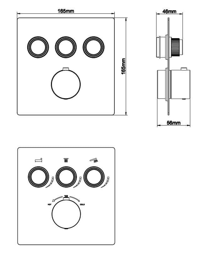 Caral Klik Pro afbouwdeel inbouwthermostaat 3 weg geborsteld koper