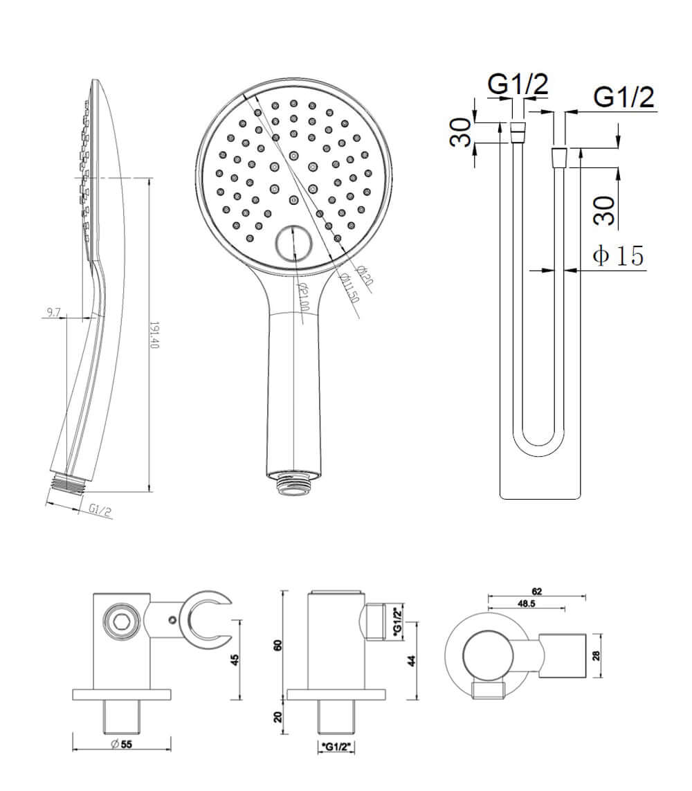UniMatch handdoucheset met handdouche 3 standen Ø 12 cm, doucheslang en wandaansluitbocht chroom