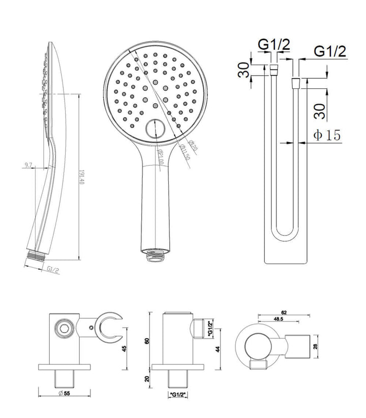 UniMatch handdoucheset met handdouche 3 standen Ø 12 cm, doucheslang en wandaansluitbocht chroom