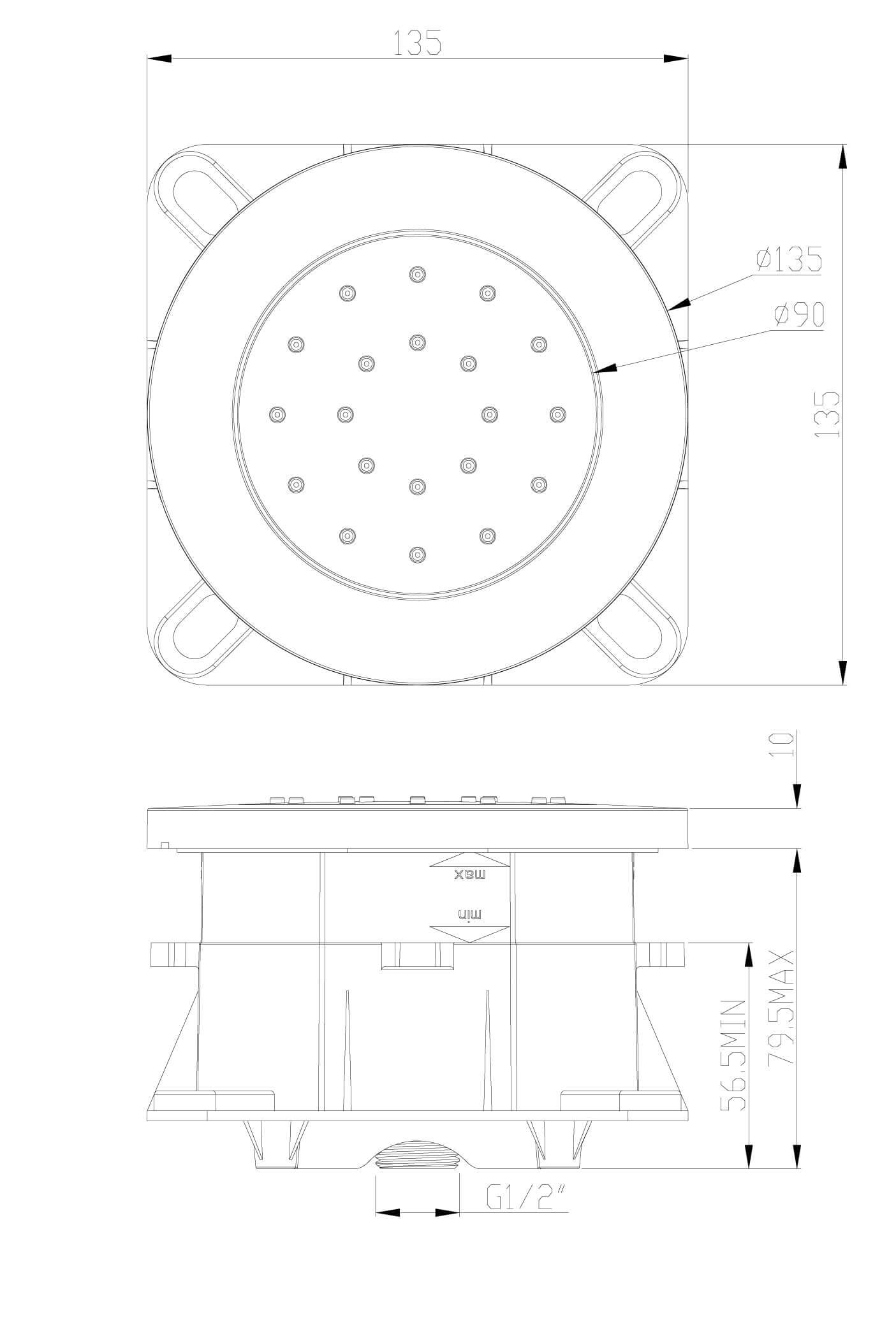Zijdouche verstelbaar inbouw rond 13,5 cm chroom