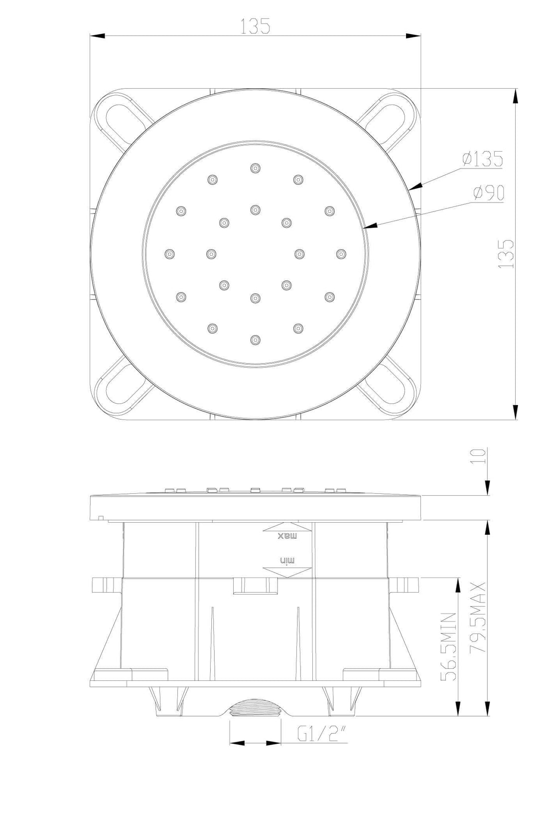 Zijdouche verstelbaar inbouw rond 13,5 cm chroom