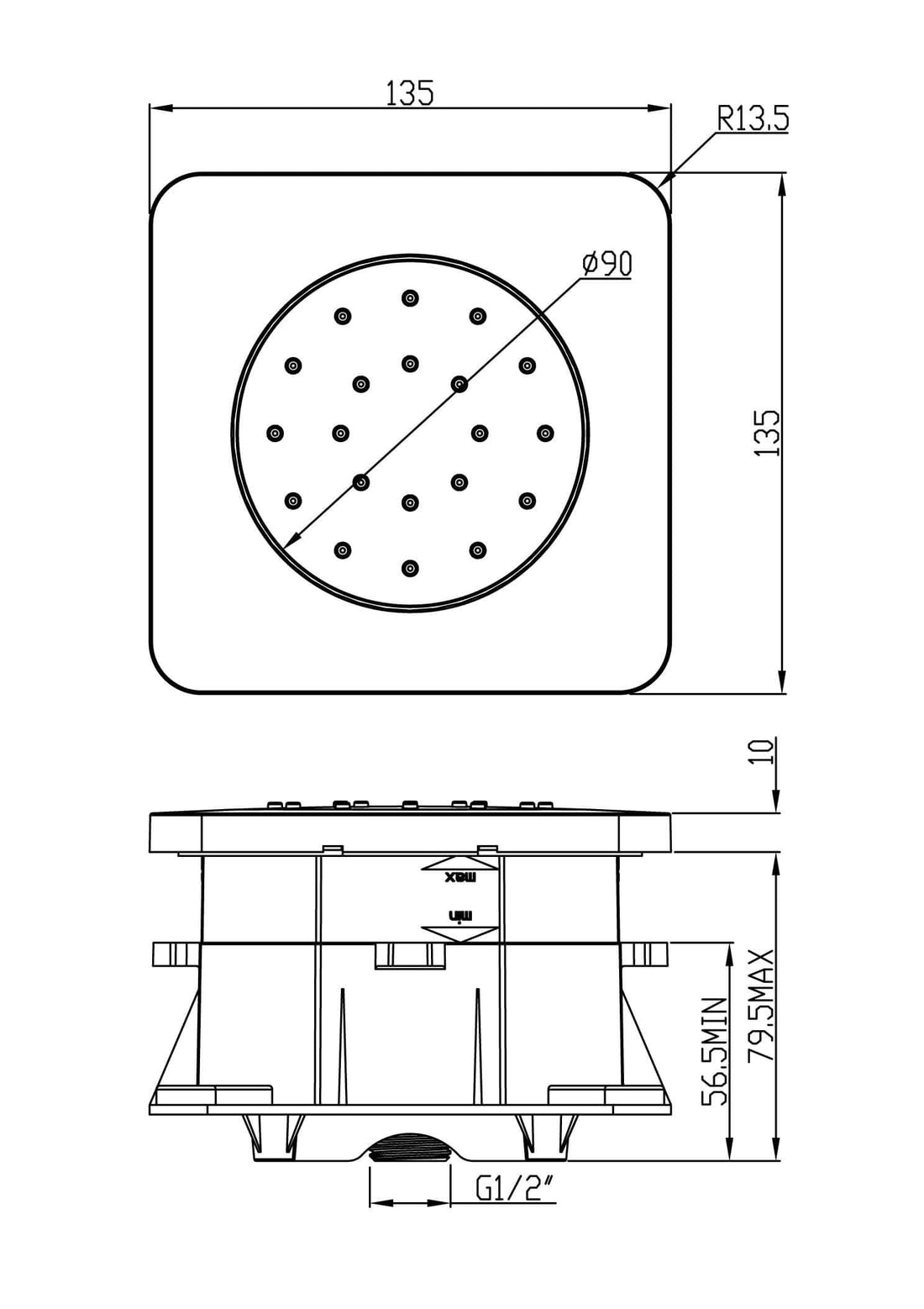 Zijdouche verstelbaar inbouw vierkant 13,5 cm chroom