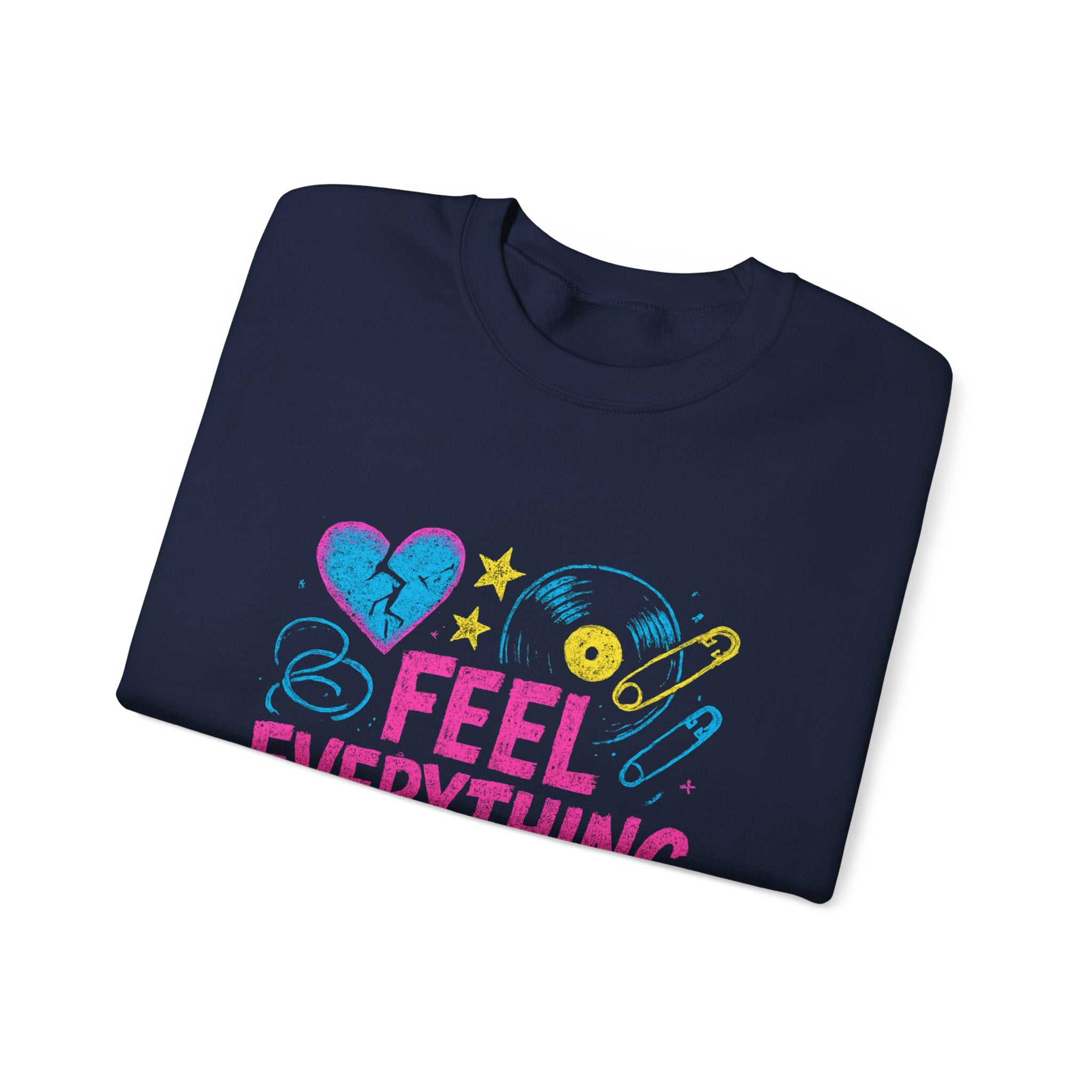 Crewneck Sweatshirt — "Feel Everything" Colorful Heart & Vinyl Graphic