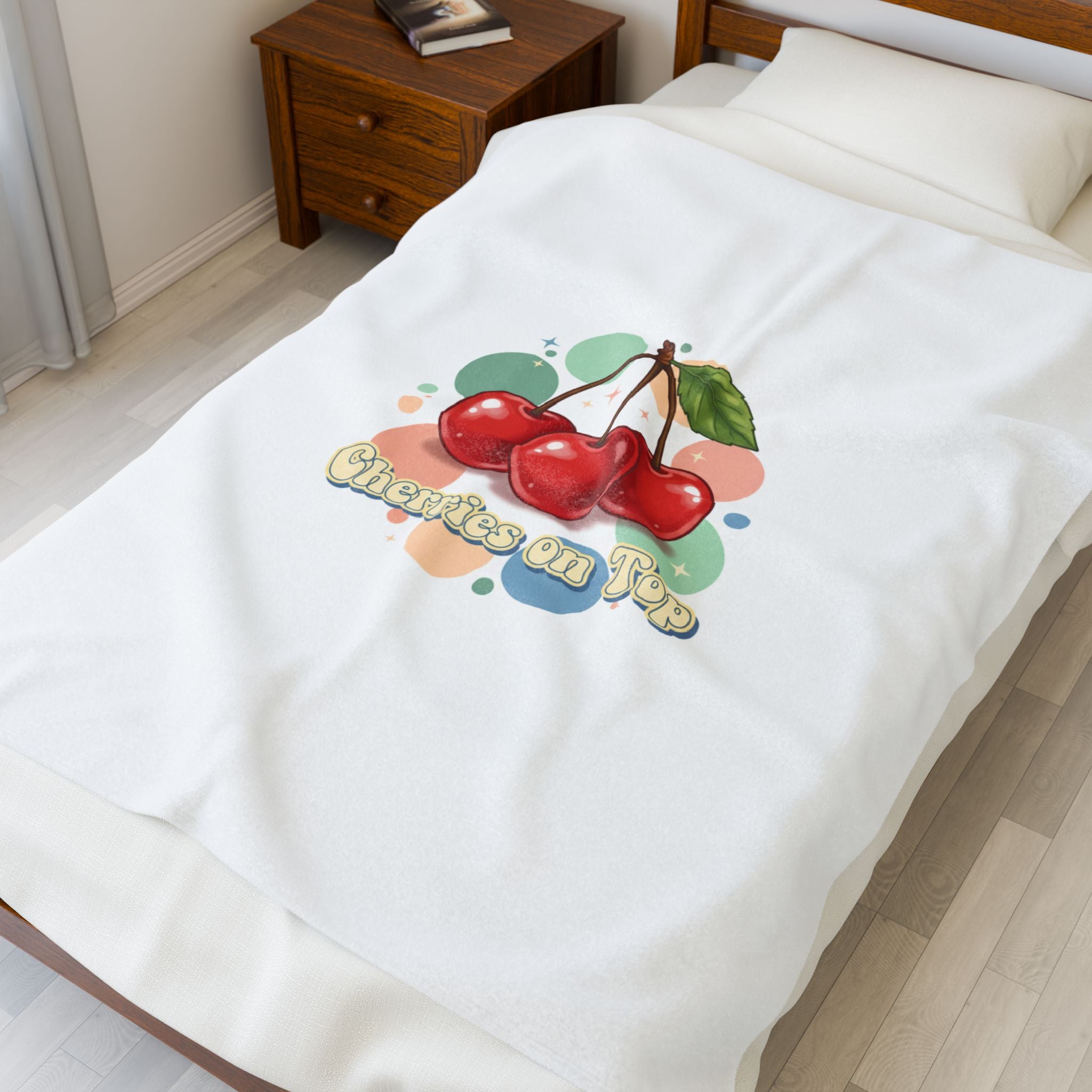 Cherry Cluster Plush Blanket | Retro Kawaii Fruit Motif