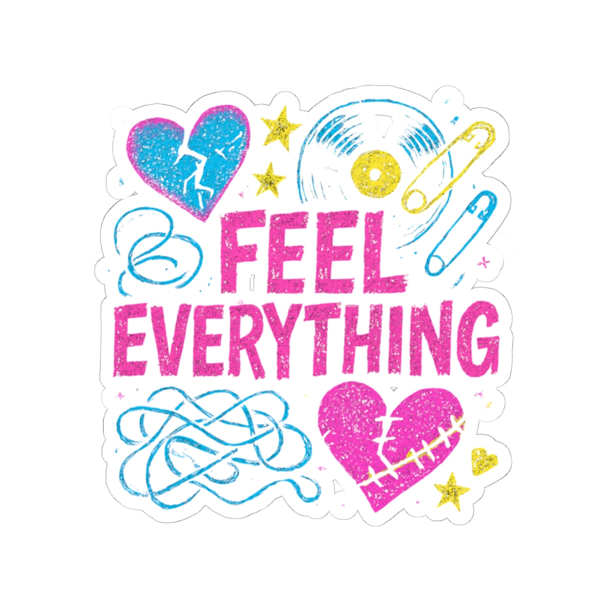 Feel Everything Kiss-Cut Sticker — Emotional Heart & Retro Icons Vinyl Decal