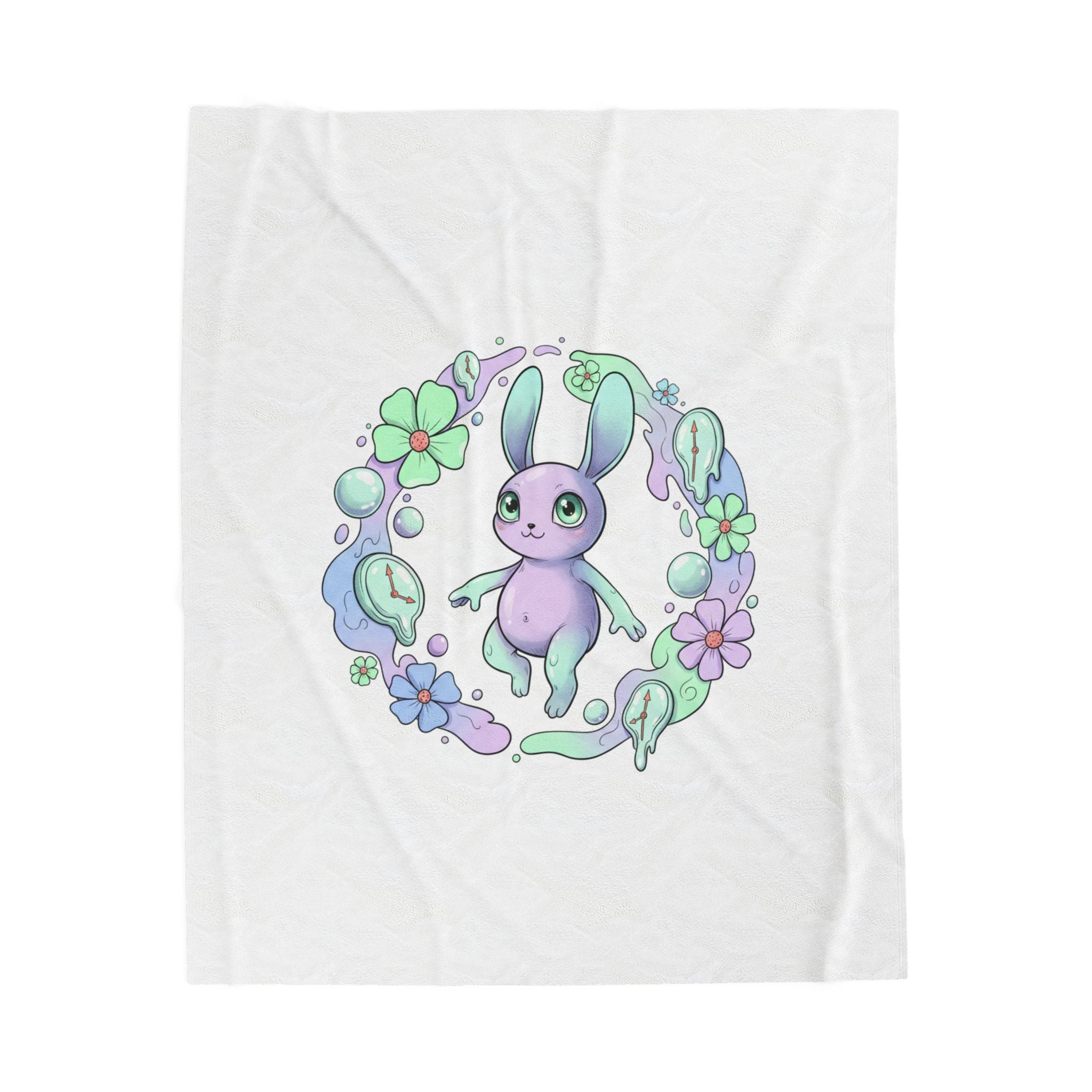 Weirdcore Micro‑Surreal Bunny Wreath Velveteen Plush Blanket | pastel surreal art